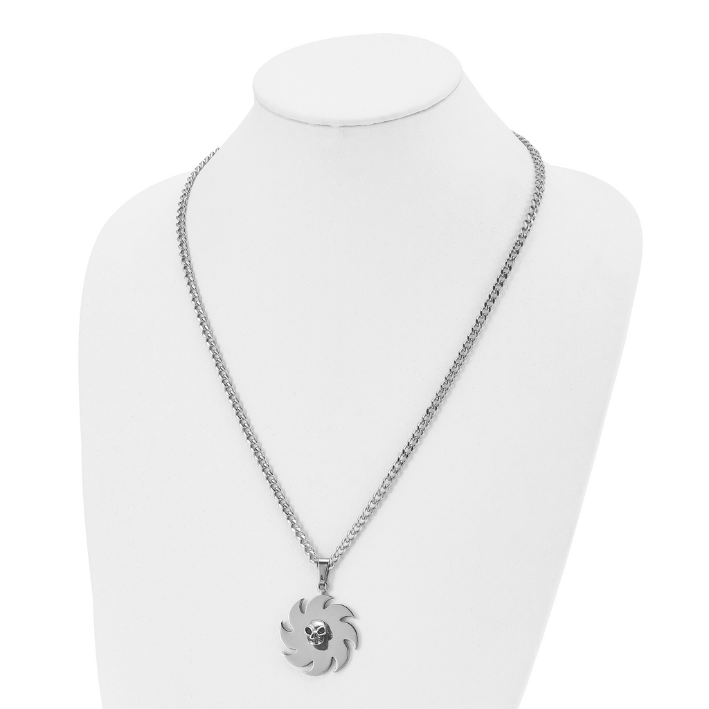 Saw Blade & Skull Pendant Necklace in Stainless Steel, 24in