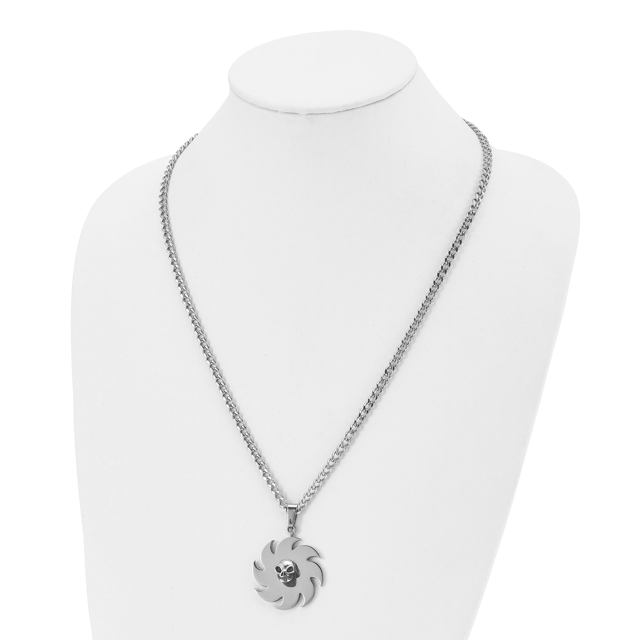 Saw Blade & Skull Pendant Necklace in Stainless Steel, 24in