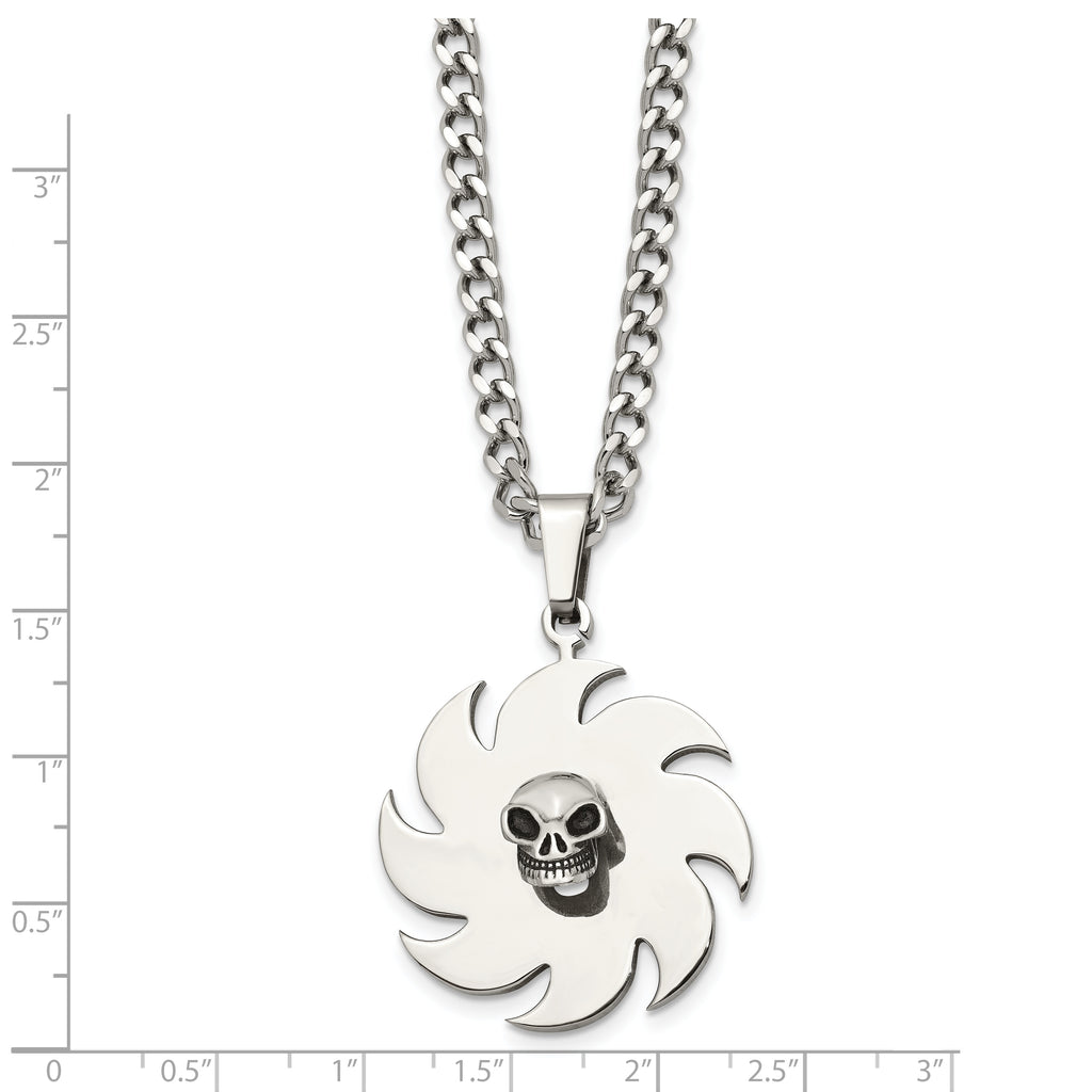 Saw Blade & Skull Pendant Necklace in Stainless Steel, 24in