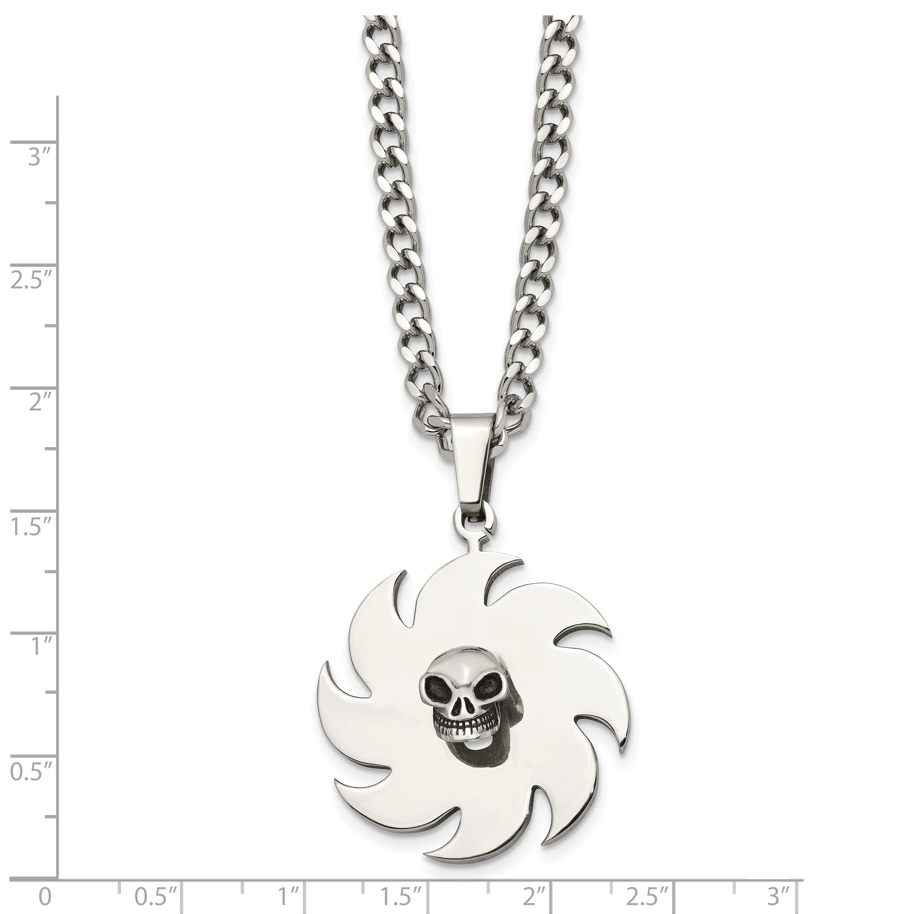 Saw Blade & Skull Pendant Necklace in Stainless Steel, 24in