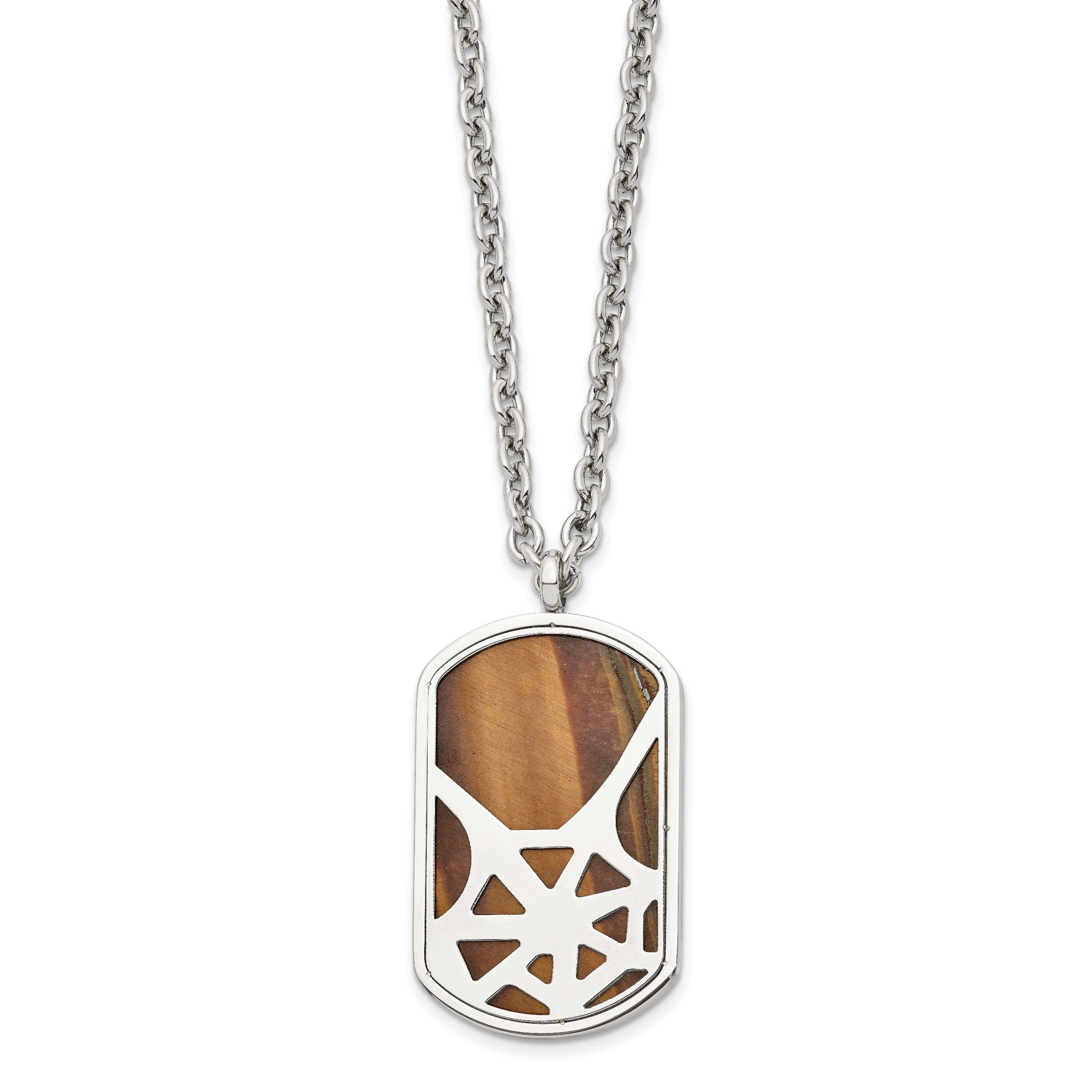 Stainless Steel Polished Tiger's Eye Spider Web Design Dog Tag Necklace