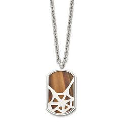 Stainless Steel Polished Tiger's Eye Spider Web Design Dog Tag Necklace