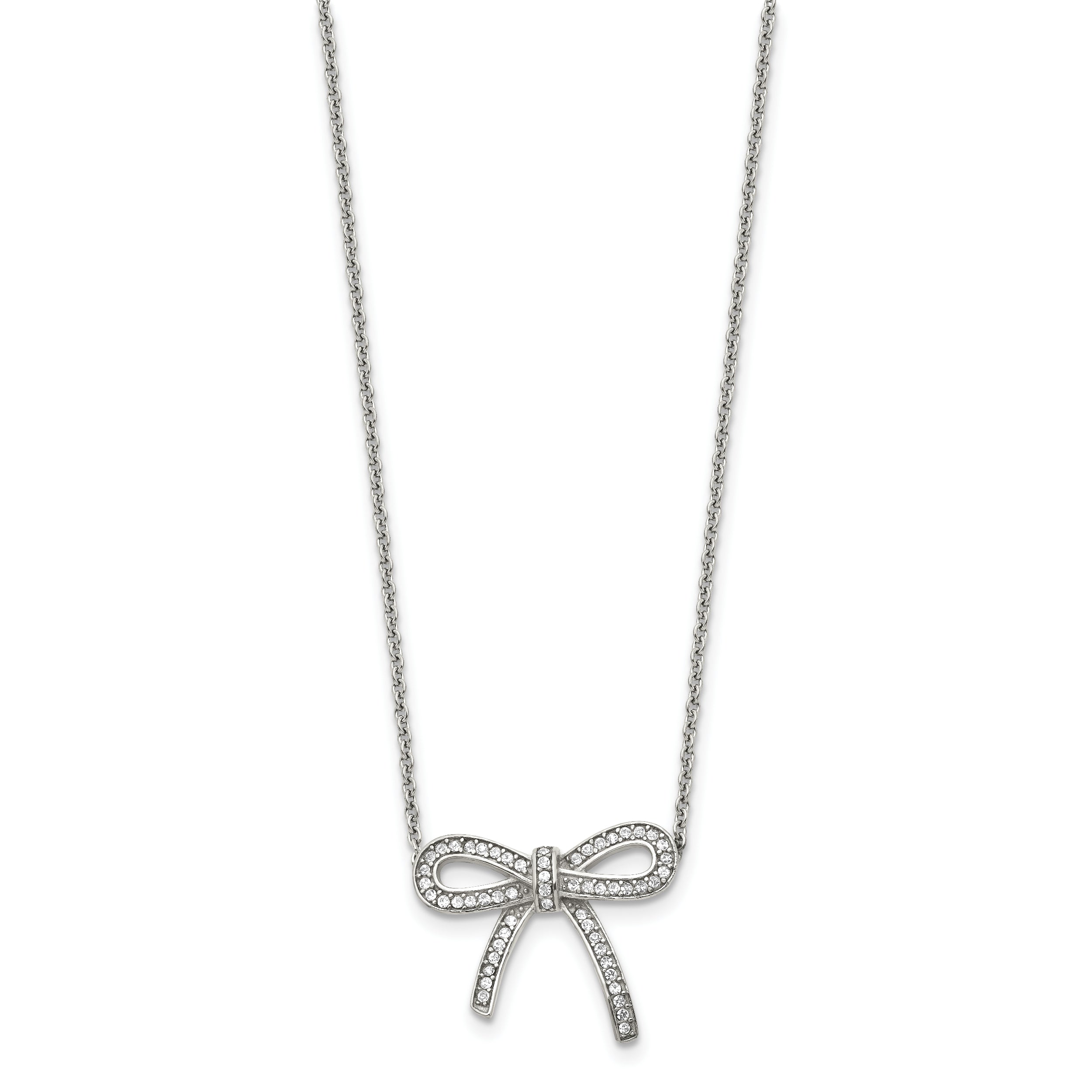 Stainless Steel Polished Crystal Bow 16.25in w/1.75in ext Necklace