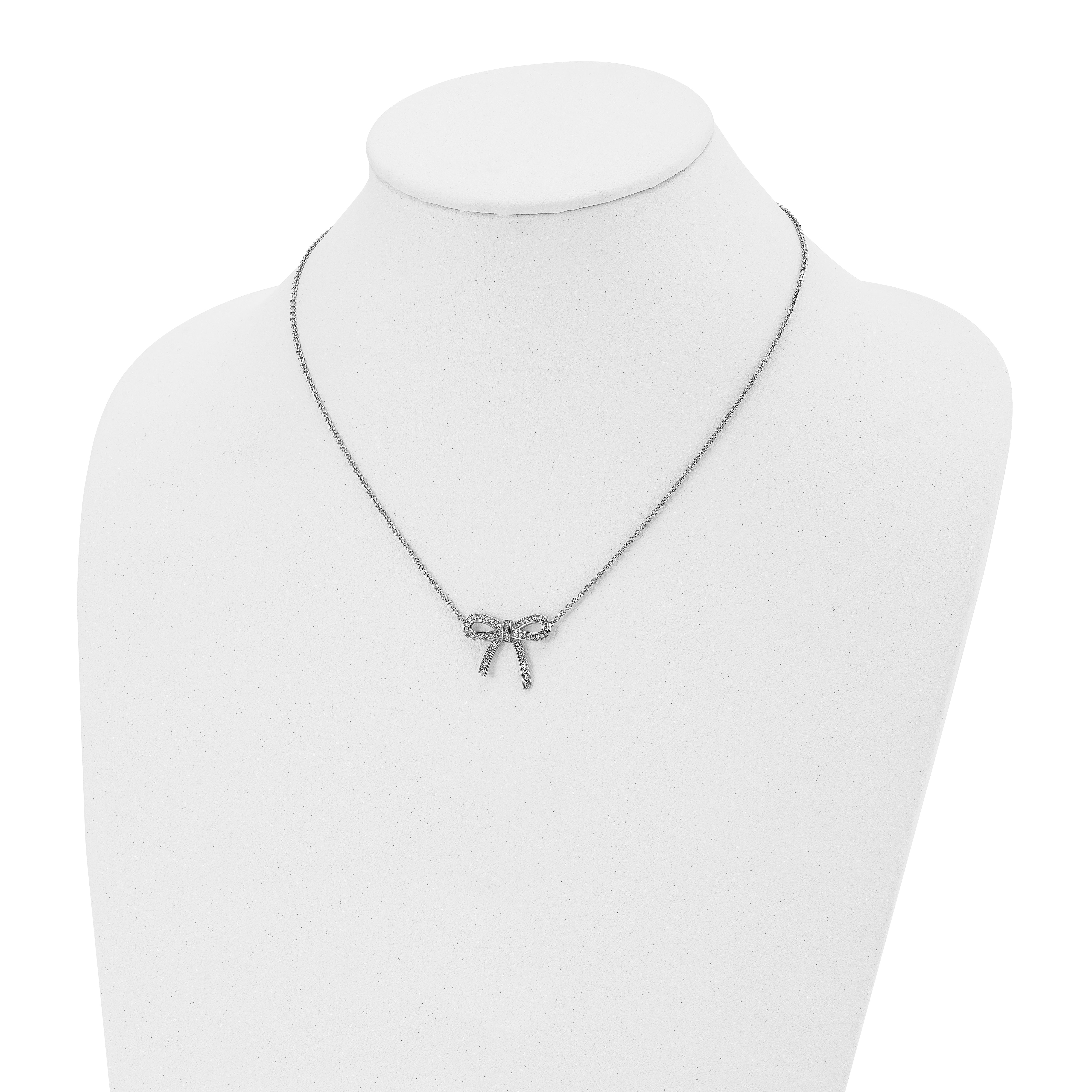 Stainless Steel Polished Crystal Bow 16.25in w/1.75in ext Necklace