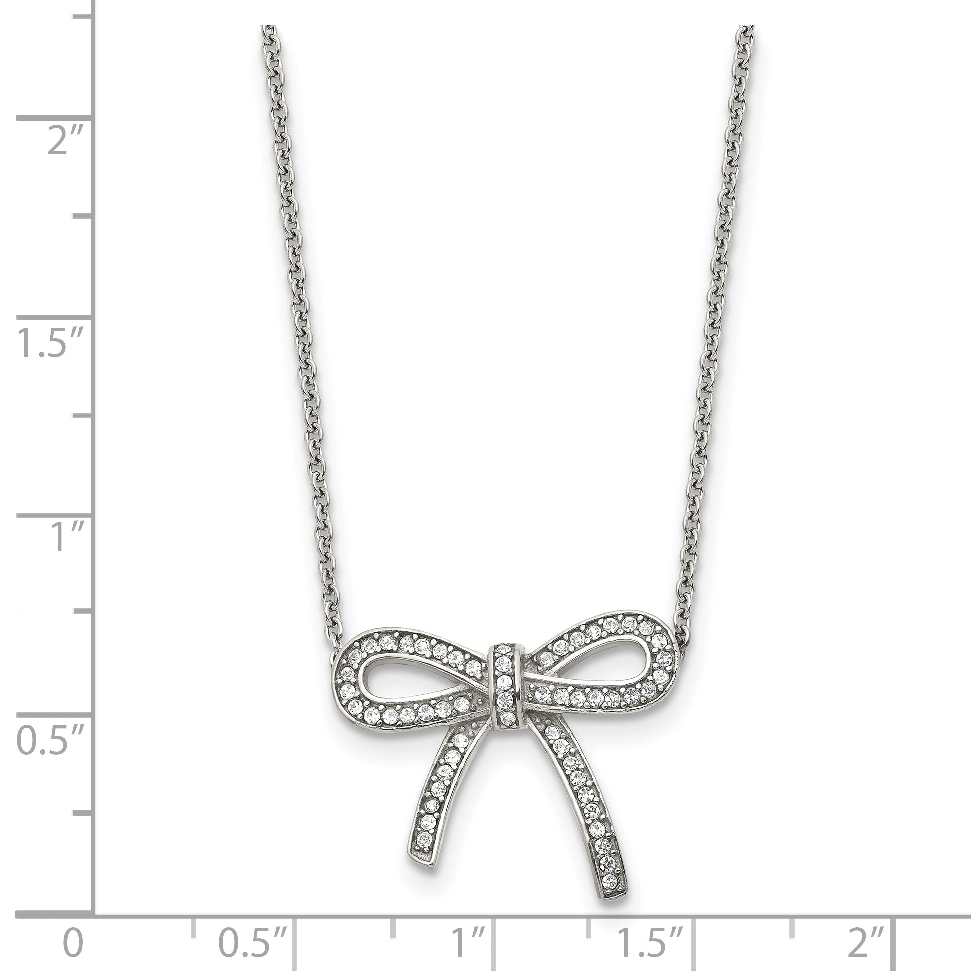 Stainless Steel Polished Crystal Bow 16.25in w/1.75in ext Necklace