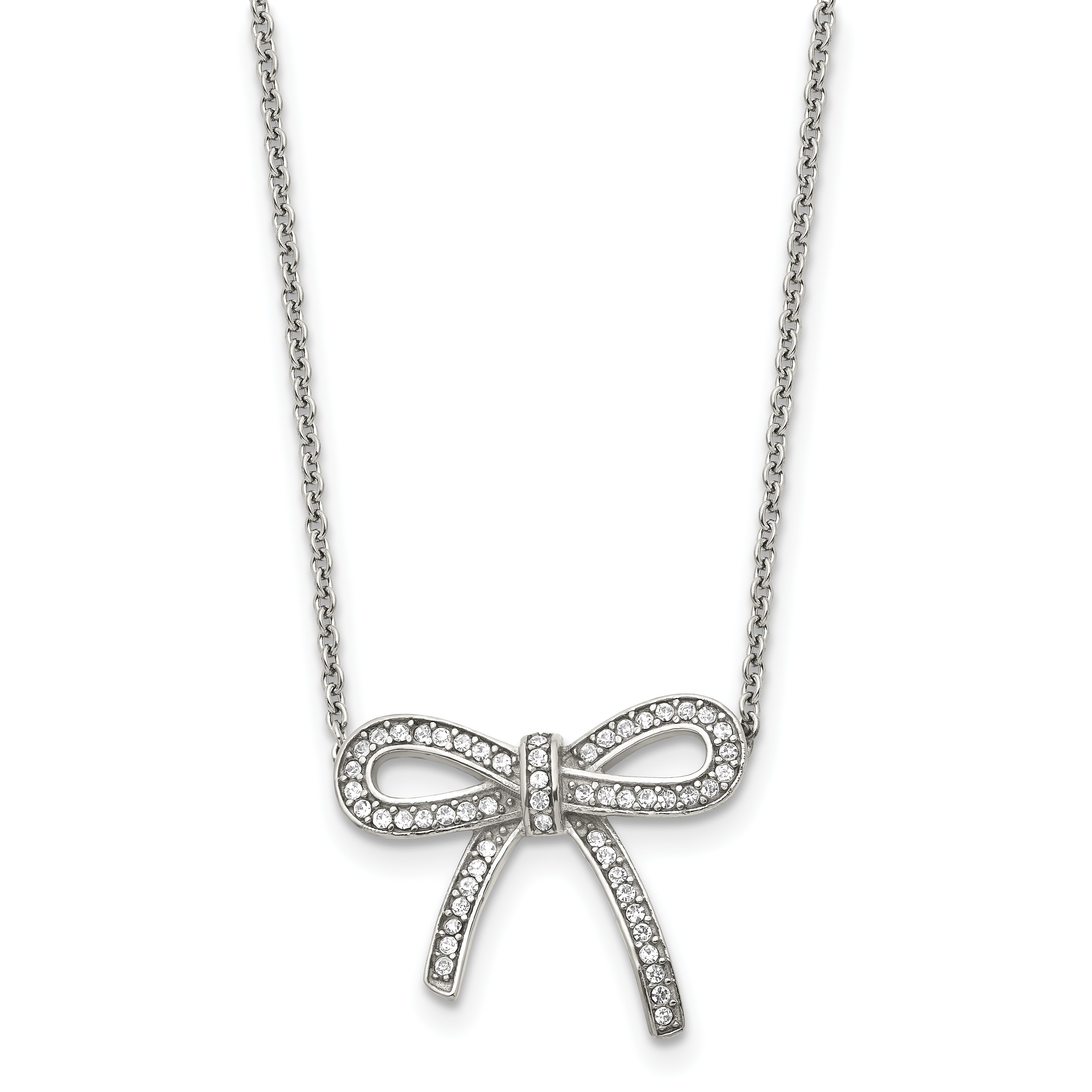 Stainless Steel Polished Crystal Bow 16.25in w/1.75in ext Necklace