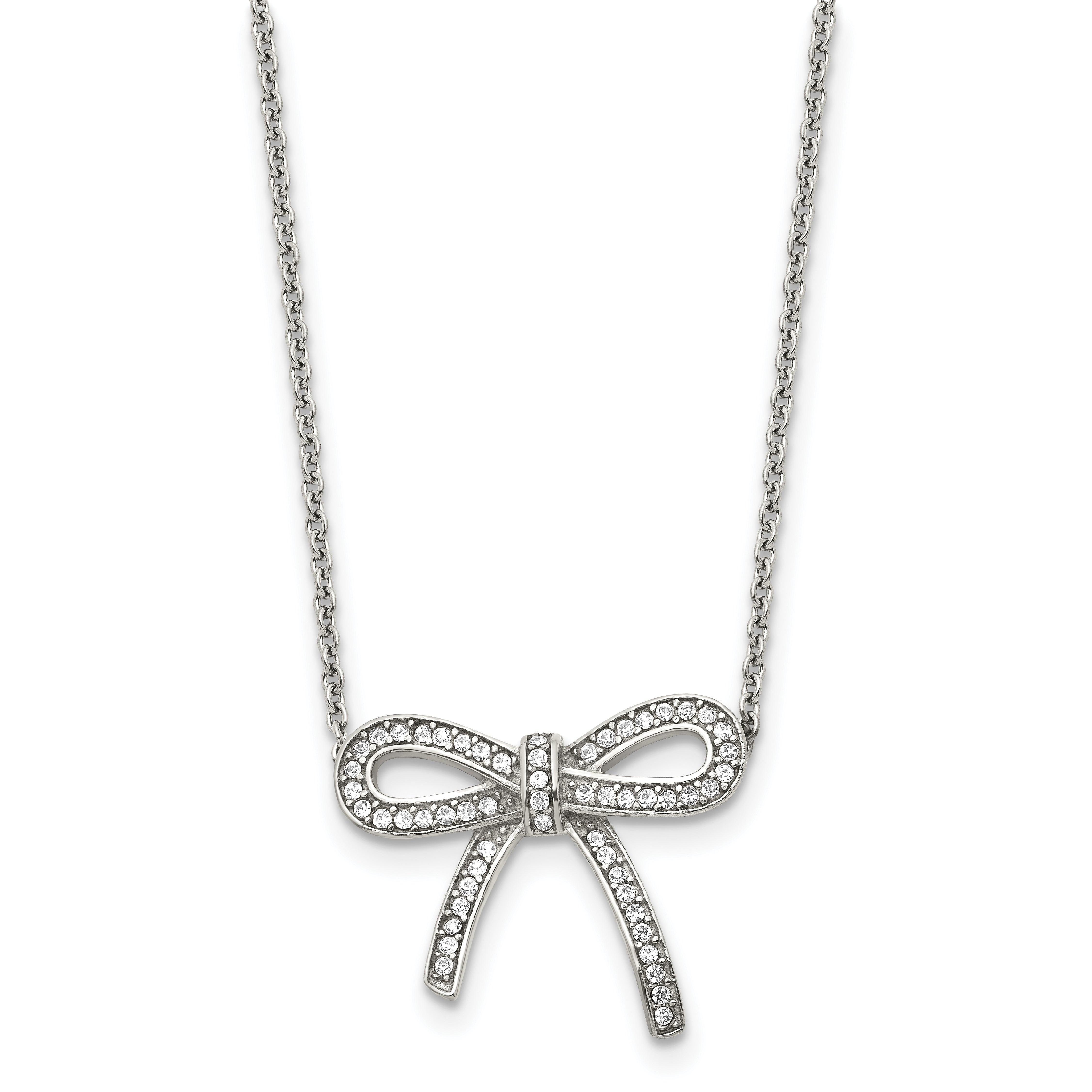 Stainless Steel Polished Crystal Bow 16.25in w/1.75in ext Necklace Main image