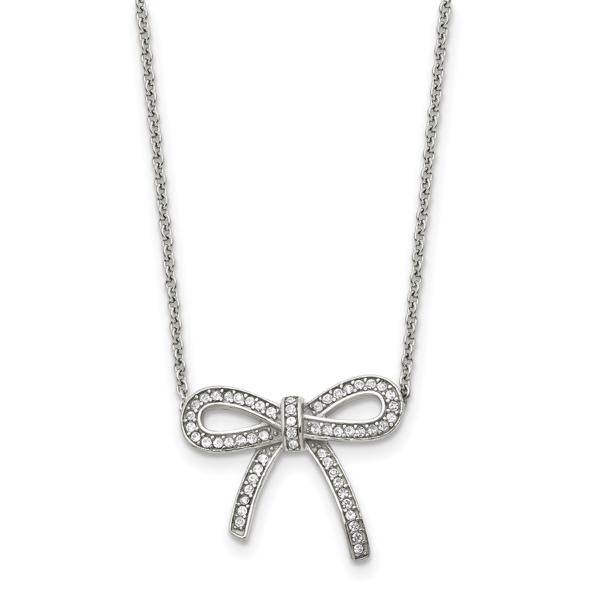 Stainless Steel Polished Crystal Bow 16.25in w/1.75in ext Necklace