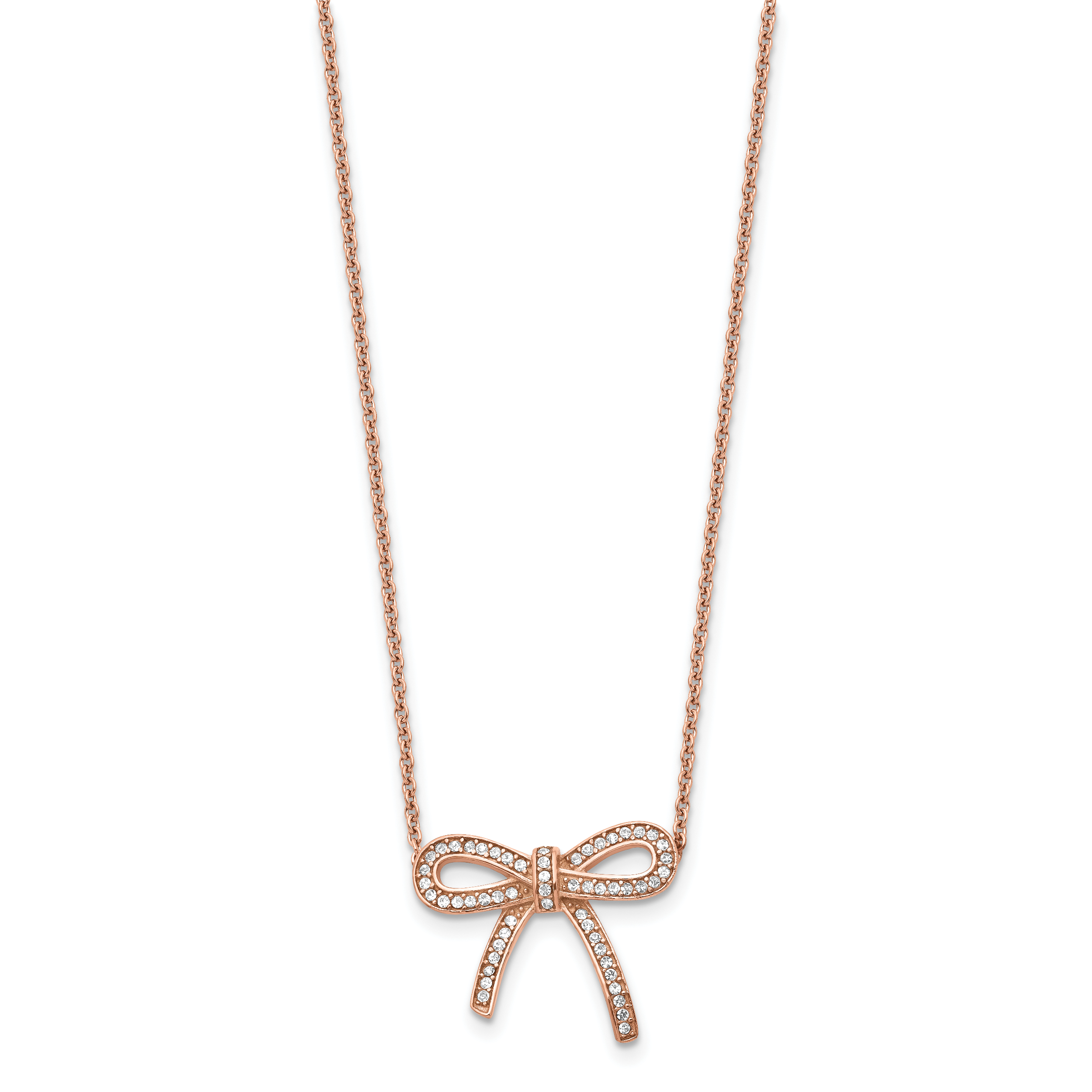 Stainless Steel Polished Rose IP-plated Crystal Bow w/1.75in ext Necklace