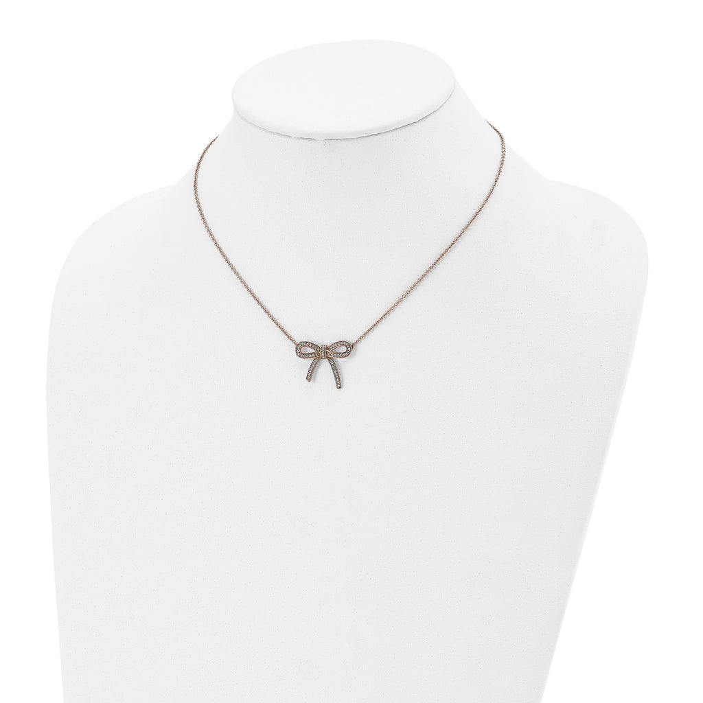 Stainless Steel Polished Rose IP-plated Crystal Bow w/1.75in ext Necklace
