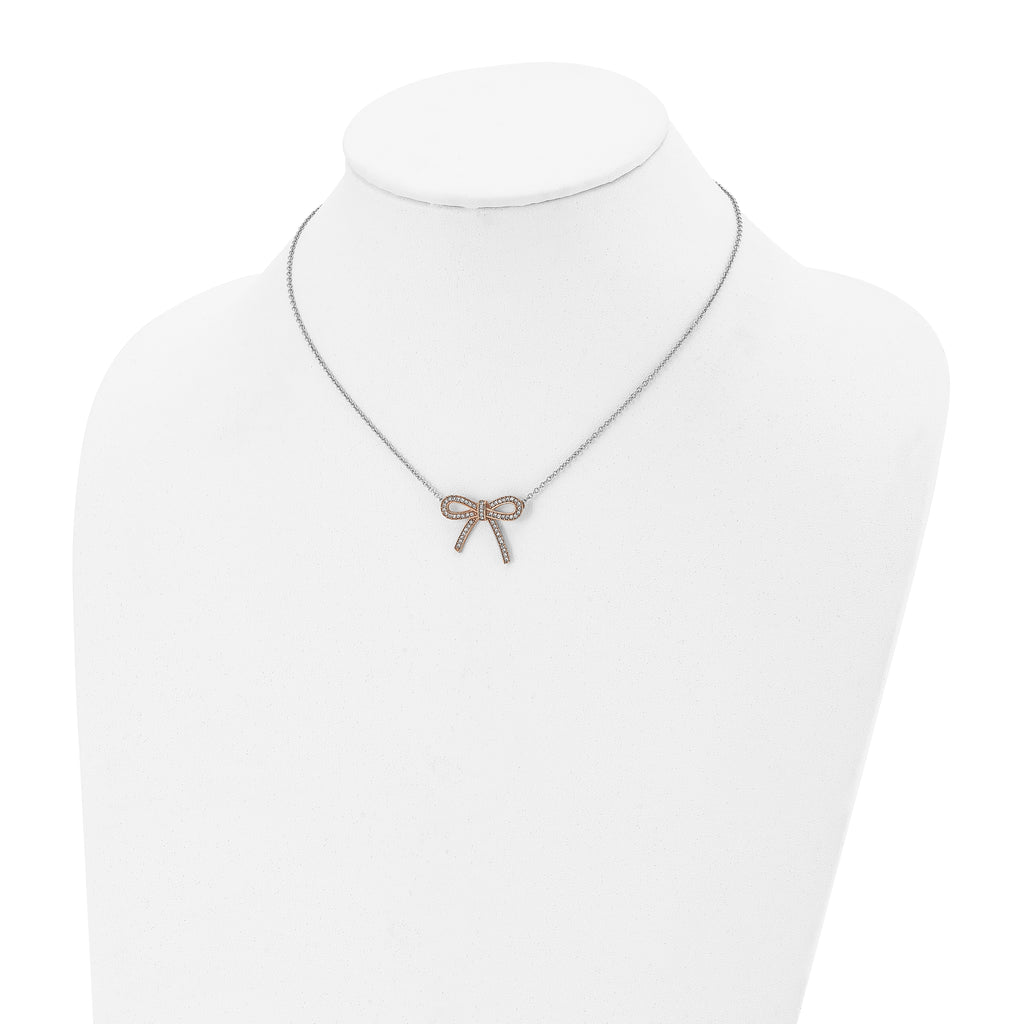 Stainless Steel Polished Rose IP-plated Crystal Bow w/1.75in ext Necklace