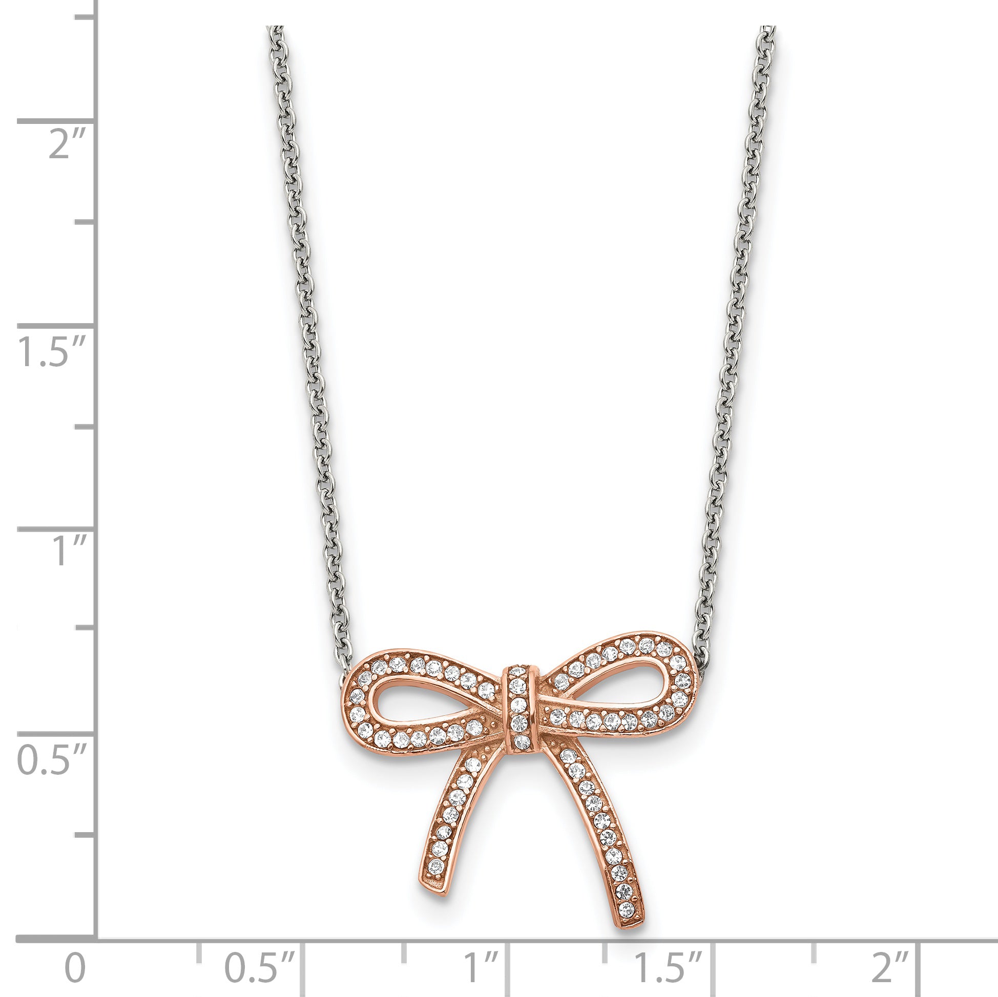 Stainless Steel Polished Rose IP-plated Crystal Bow w/1.75in ext Necklace
