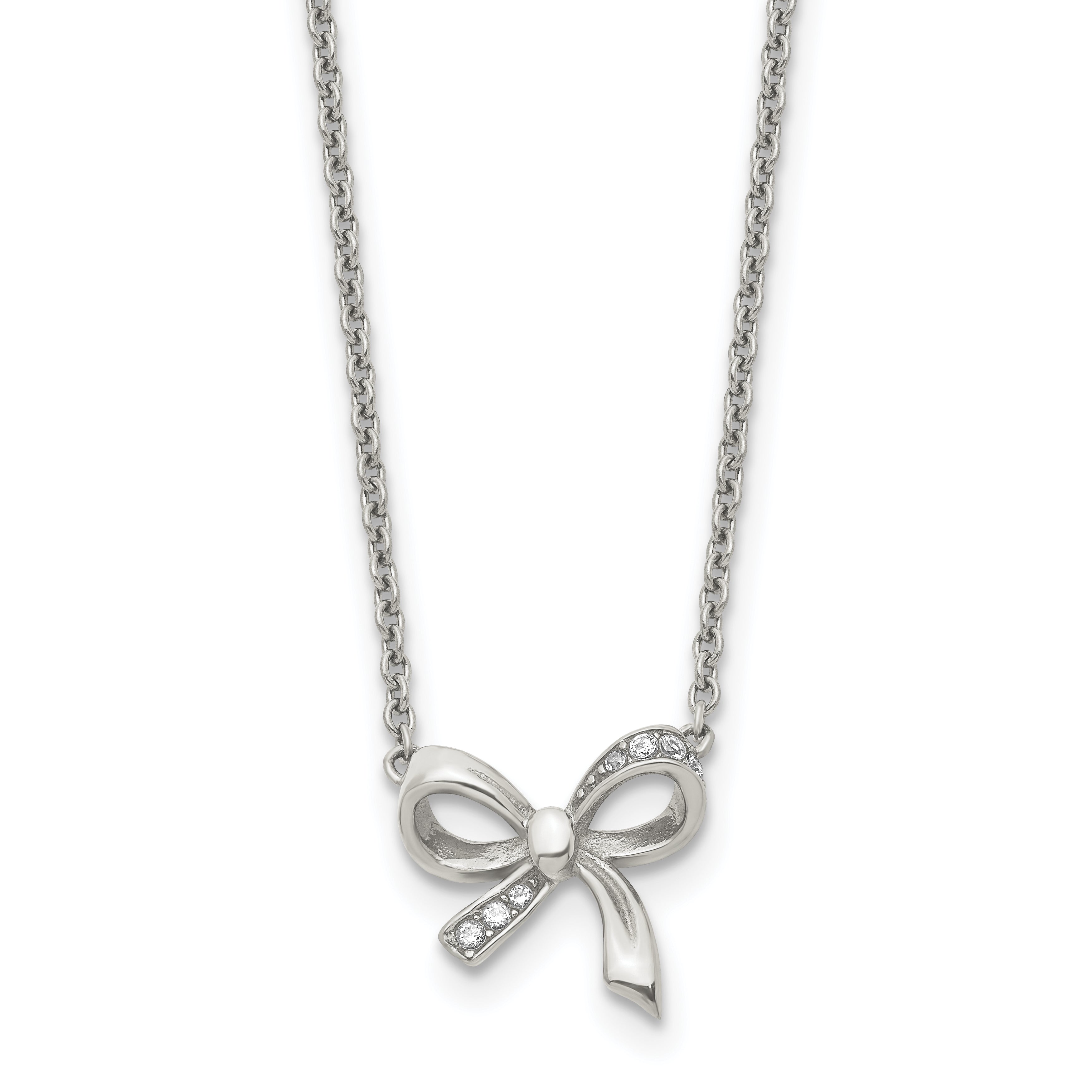 Stainless Steel Polished w/CZ Bow 16in w/1.75in ext Necklace
