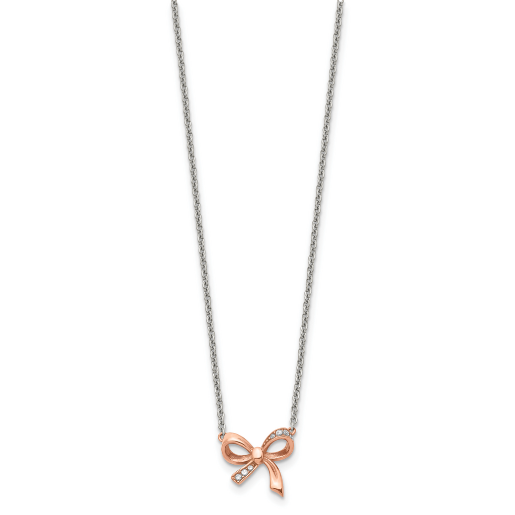 Stainless Steel Polished Rose IP-plated w/CZ Bow w/1.75in ext Necklace