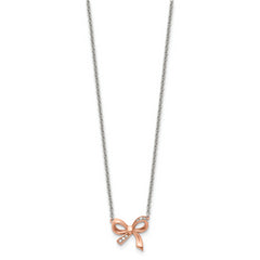 Stainless Steel Polished Rose IP-plated w/CZ Bow w/1.75in ext Necklace