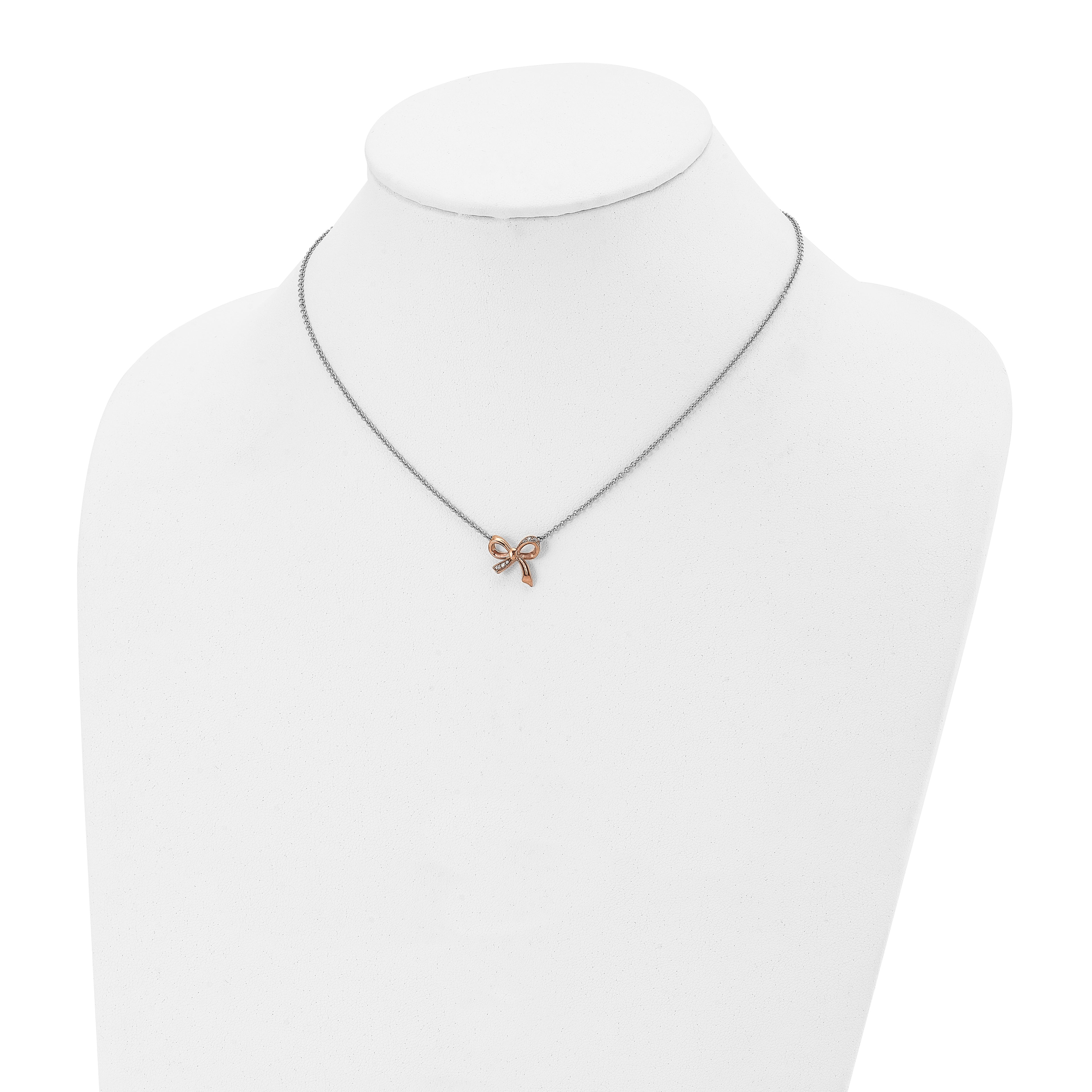 Stainless Steel Polished Rose IP-plated w/CZ Bow w/1.75in ext Necklace