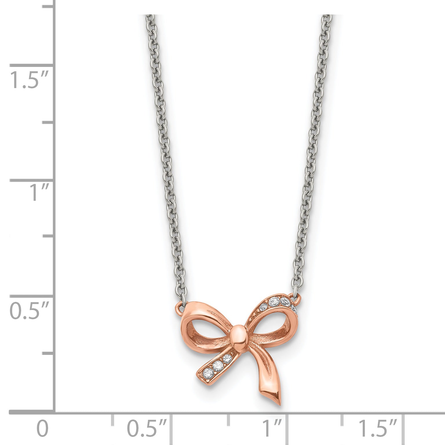 Stainless Steel Polished Rose IP-plated w/CZ Bow w/1.75in ext Necklace