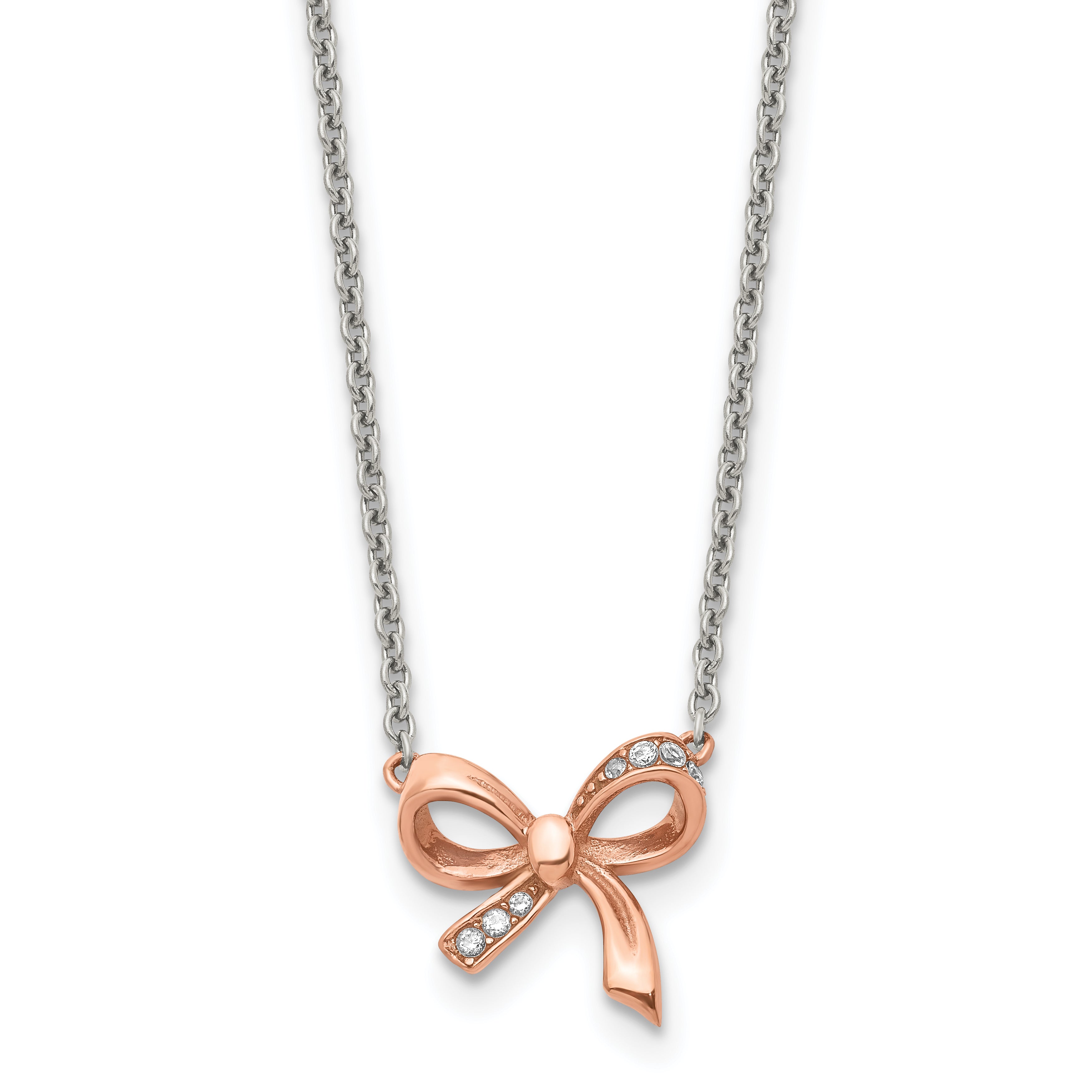 Stainless Steel Polished Rose IP-plated w/CZ Bow w/1.75in ext Necklace Main image