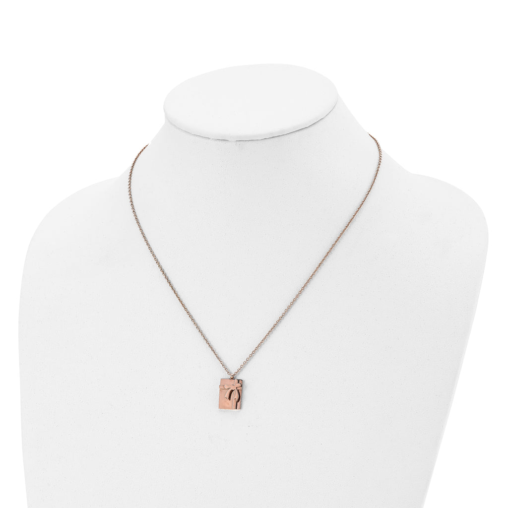 Rose-Tone Gift & Bow Necklace in Stainless Steel