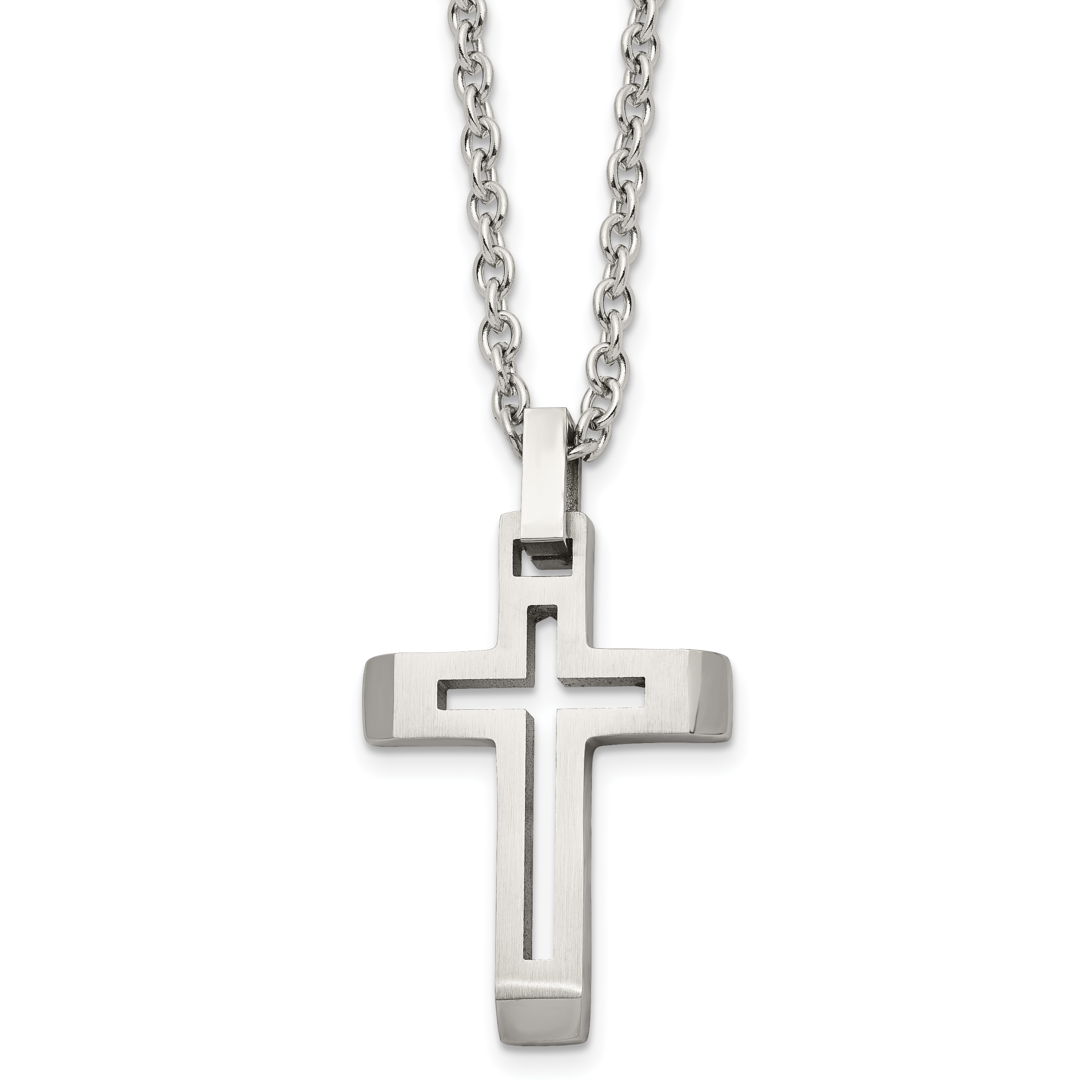 Chisel Stainless Steel Brushed and Polished Cut-out Cross Pendant on a 20 inch Cable Chain Necklace Main image