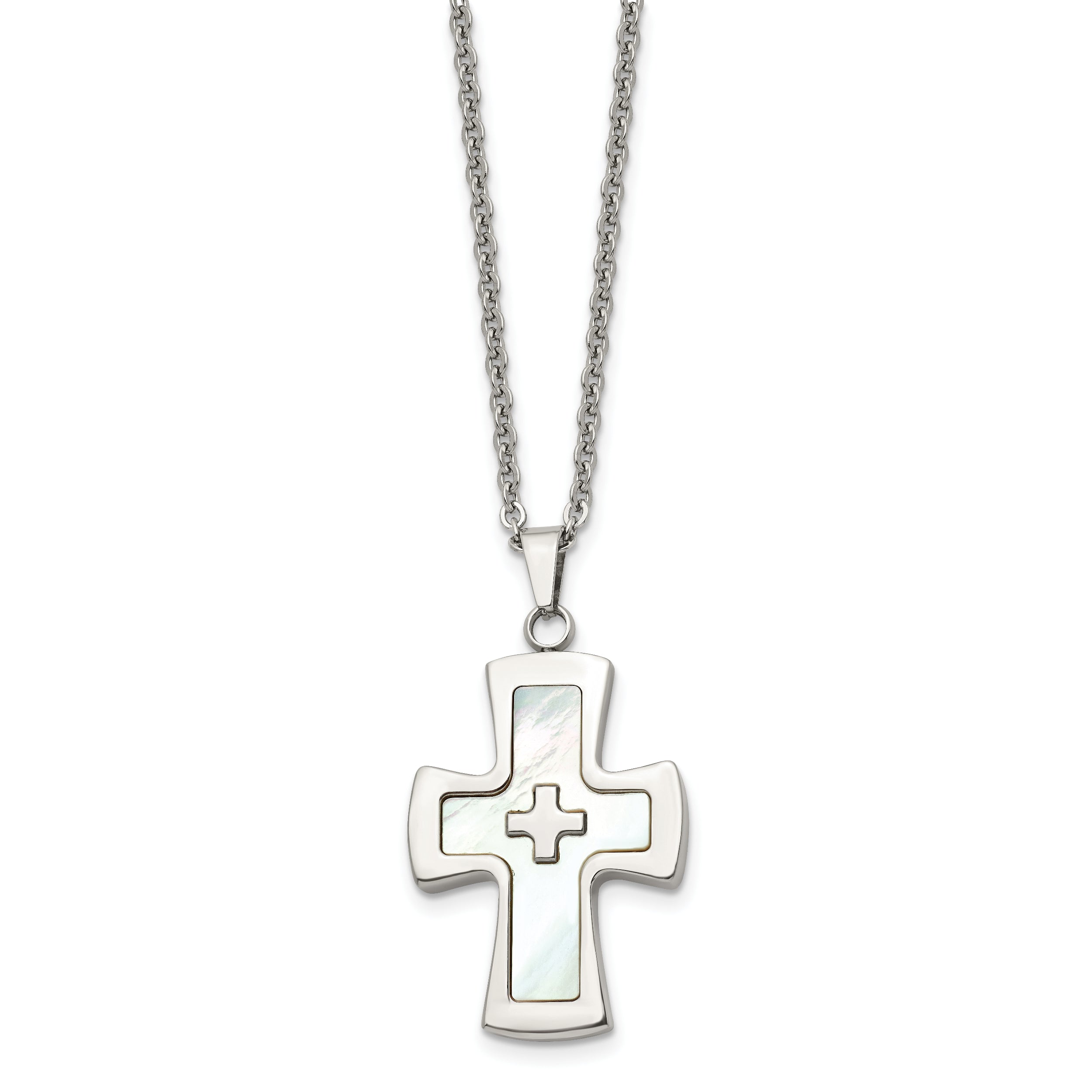 Stainless Steel Polished Mother of Pearl Cross 22in Necklace