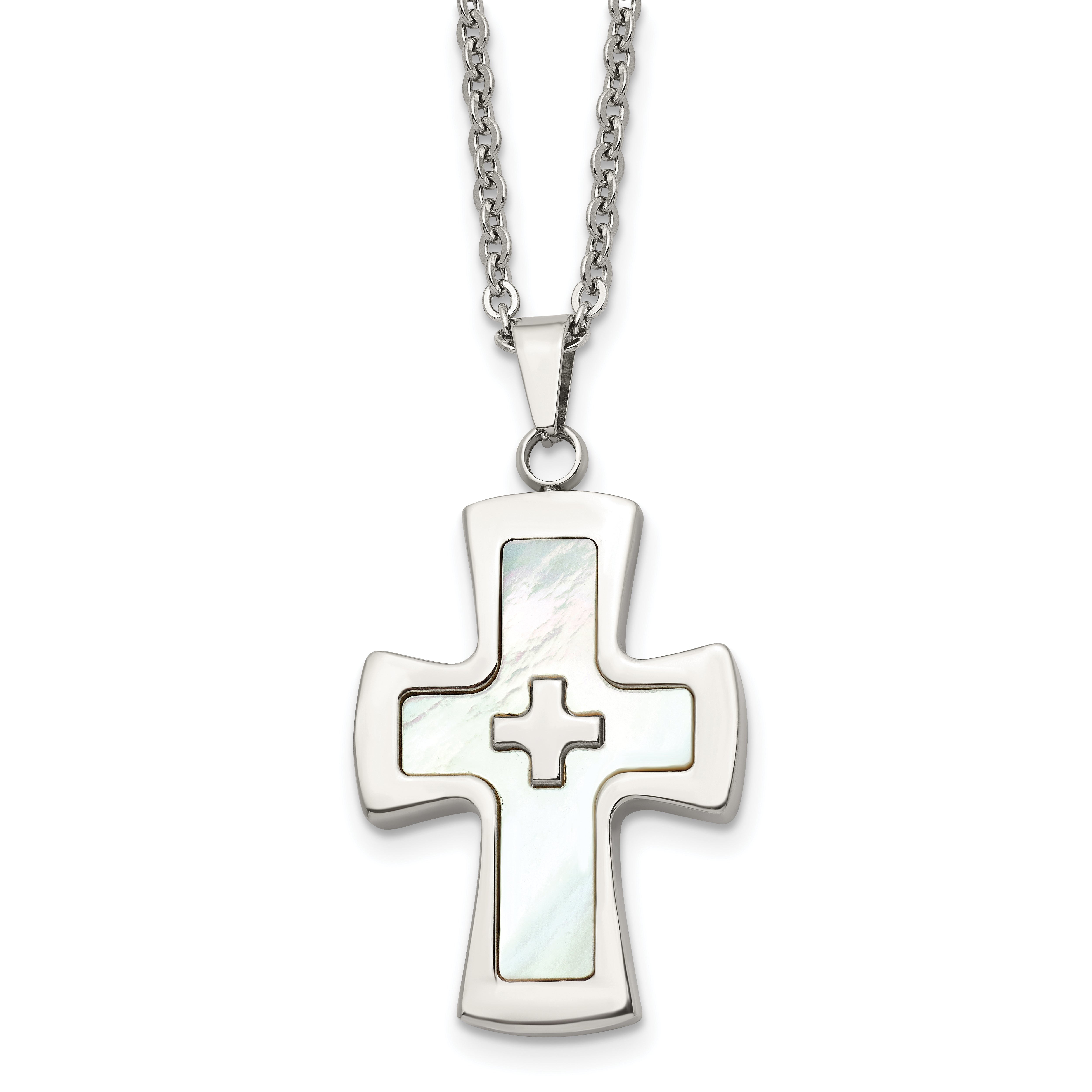 Stainless Steel Polished Mother of Pearl Cross 22in Necklace