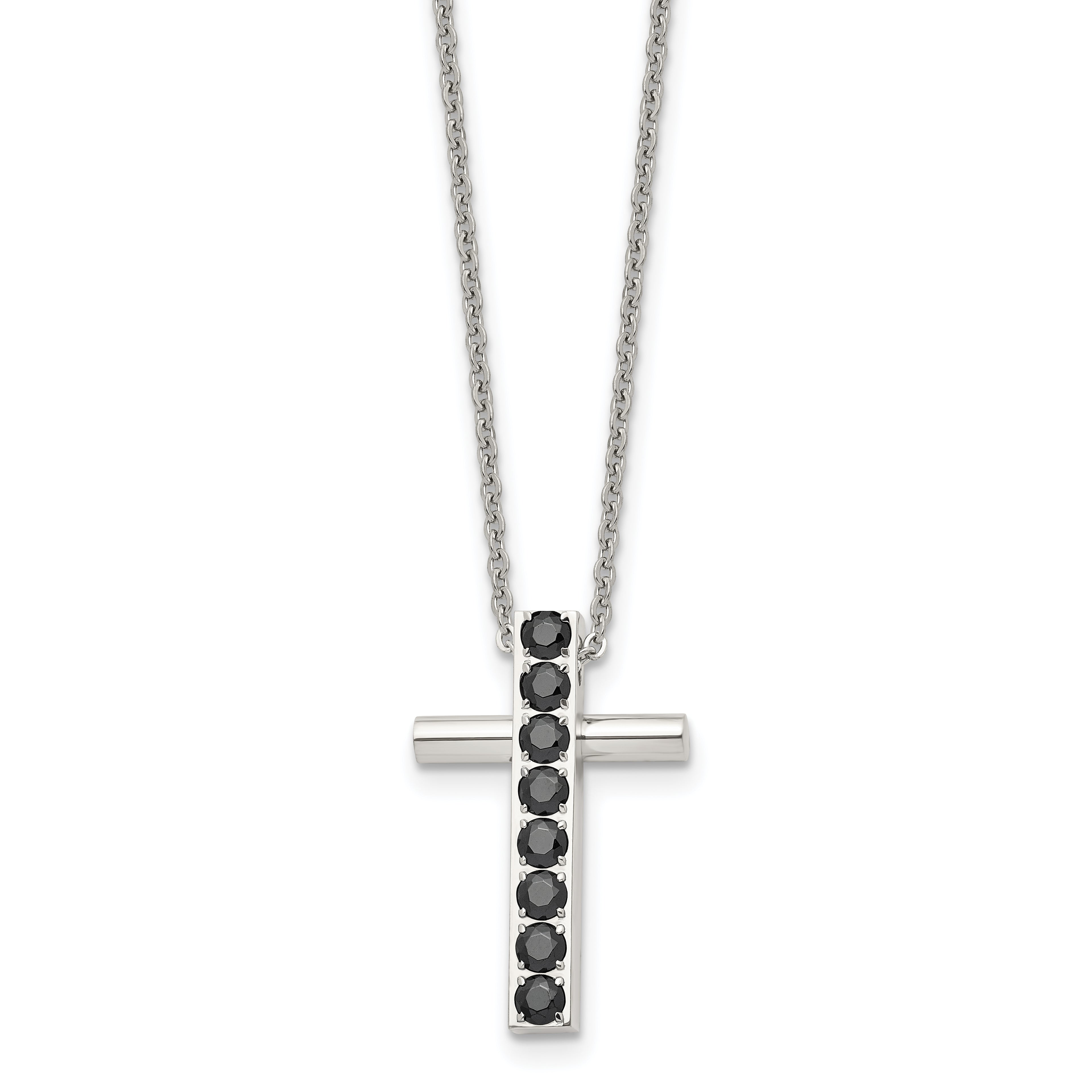 Stainless Steel Polished w/Black CZ Cross 22in Necklace