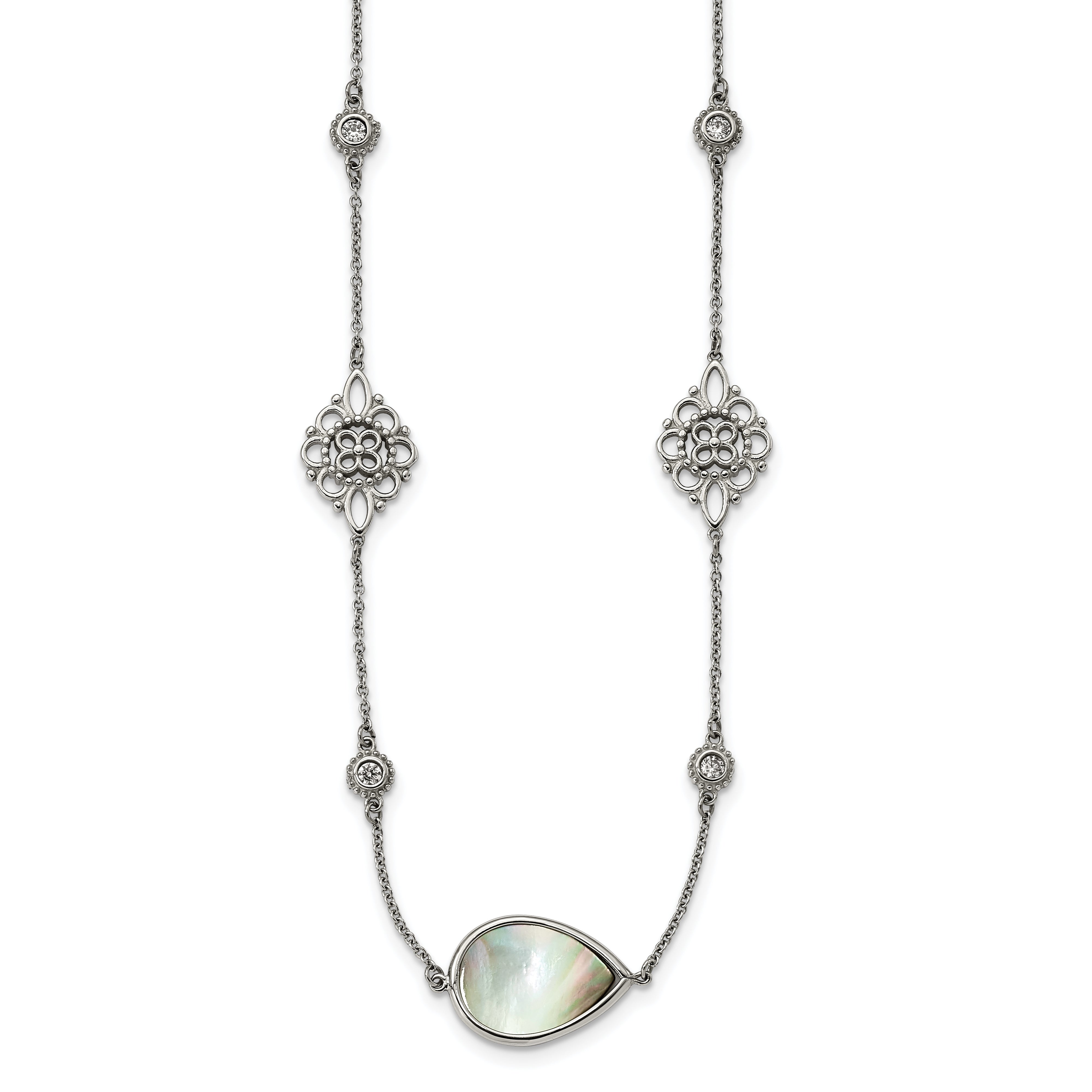 Stainless Steel Polished w/Black Mother of Pearl & CZ w/3in ext Necklace Main image