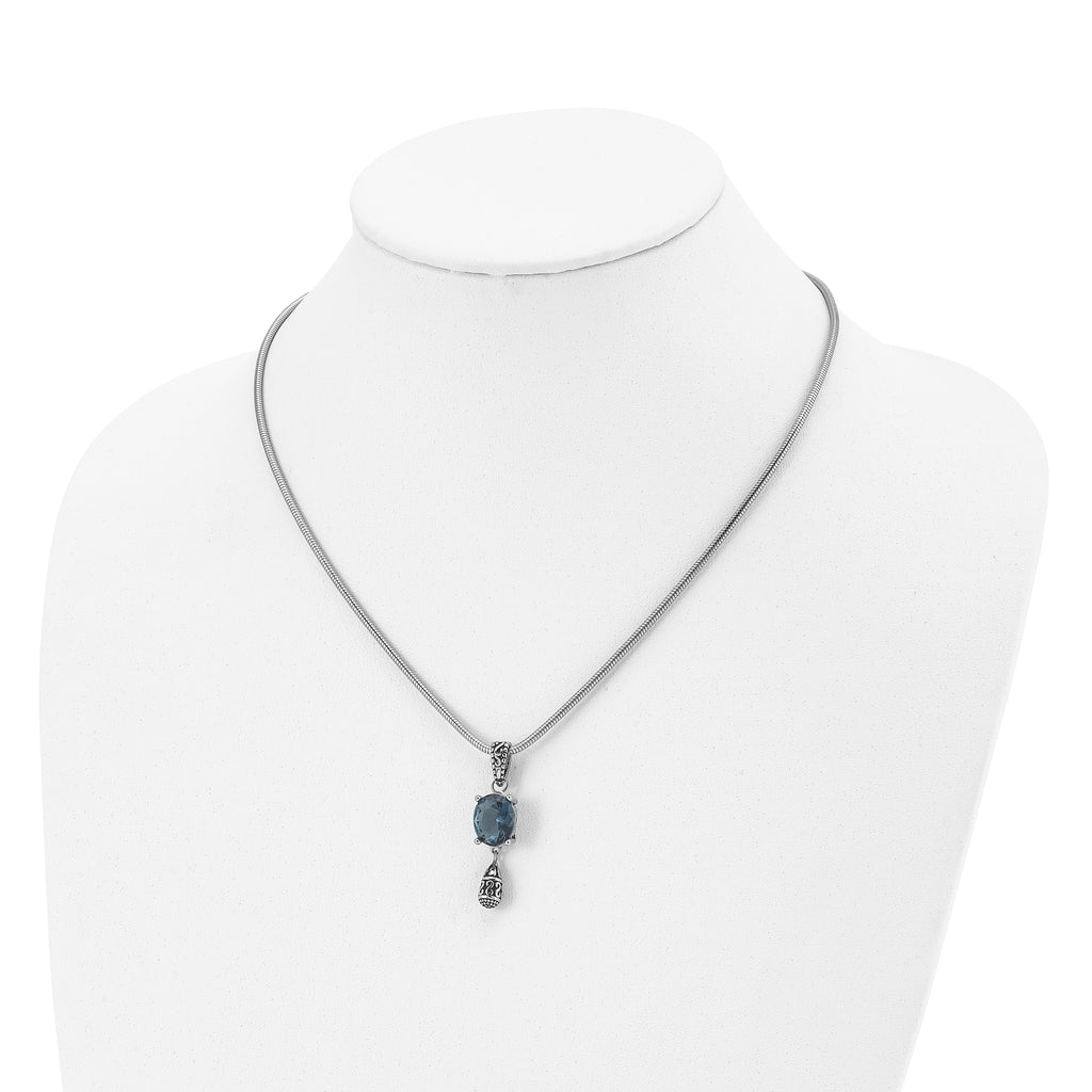 Stainless Steel Antiqued & Polished Blue Glass 18.5in w/2 in ext. Necklace