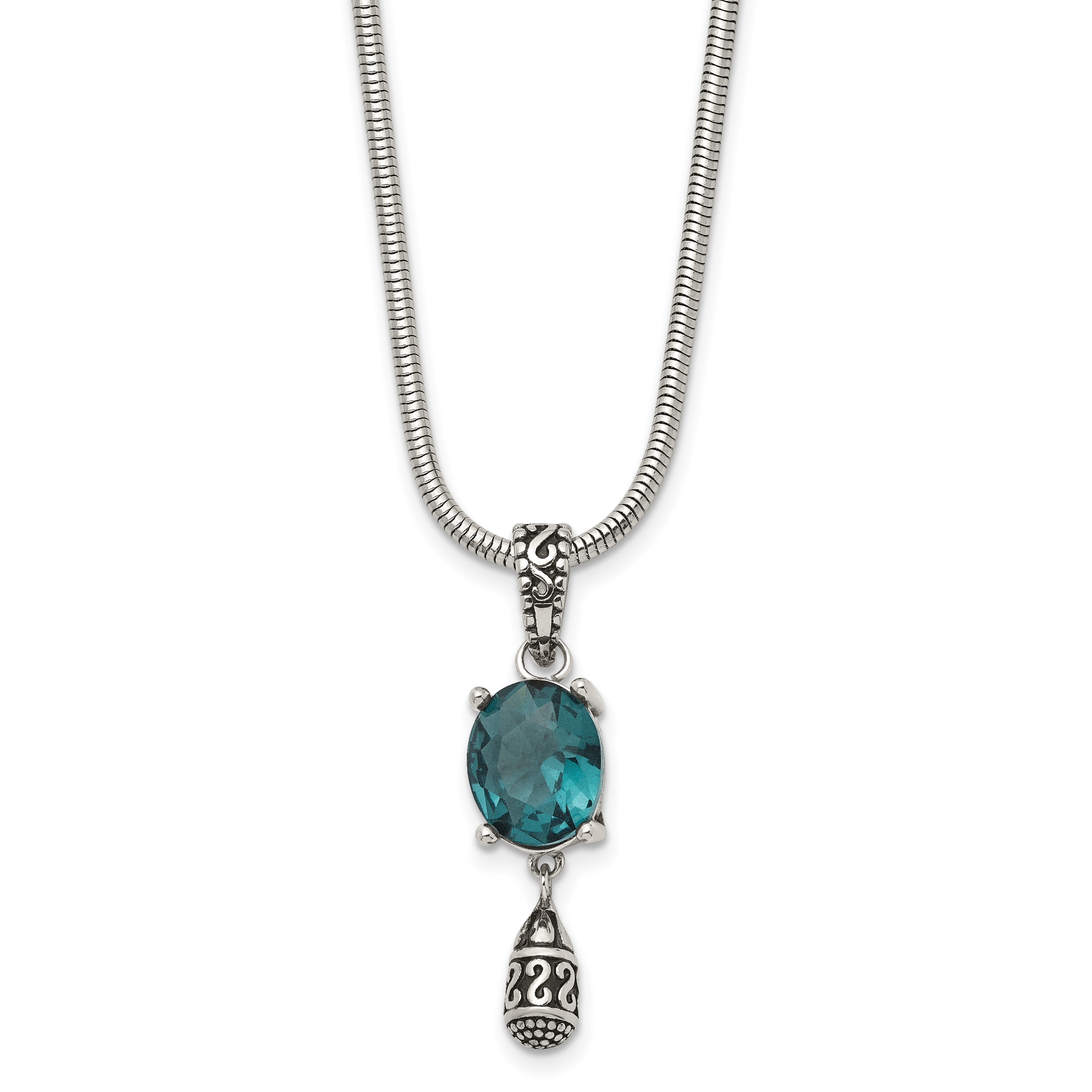 Stainless Steel Antiqued & Polished Blue Glass 18.5in w/2 in ext. Necklace Main image