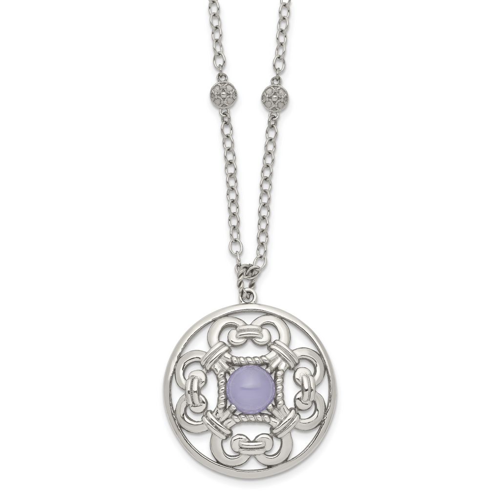Stainless Steel Polished Synthetic Purple Calcedony w/2in ext Necklace