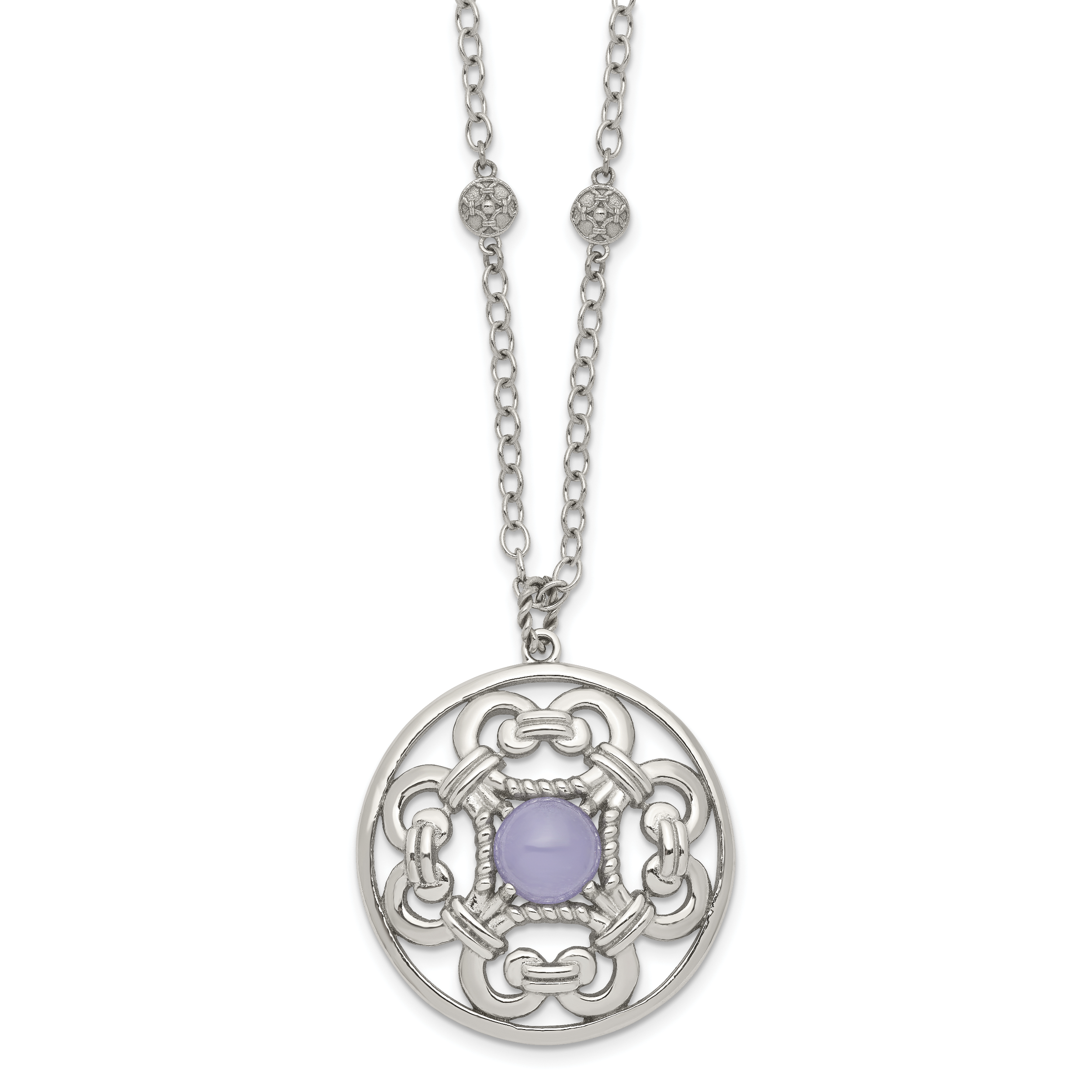Stainless Steel Polished Synthetic Purple Calcedony w/2in ext Necklace