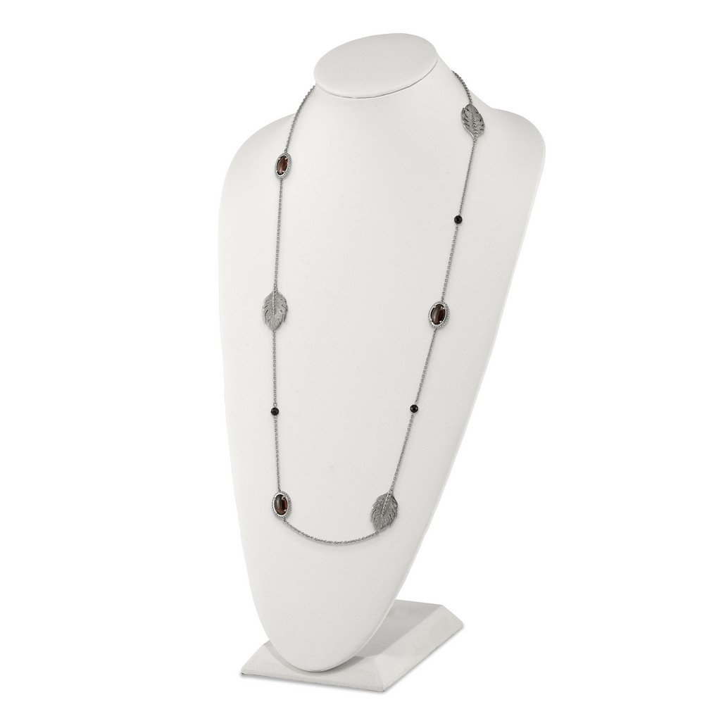 Leaf Smoky Quartz & Black Onyx Necklace in Stainless Steel