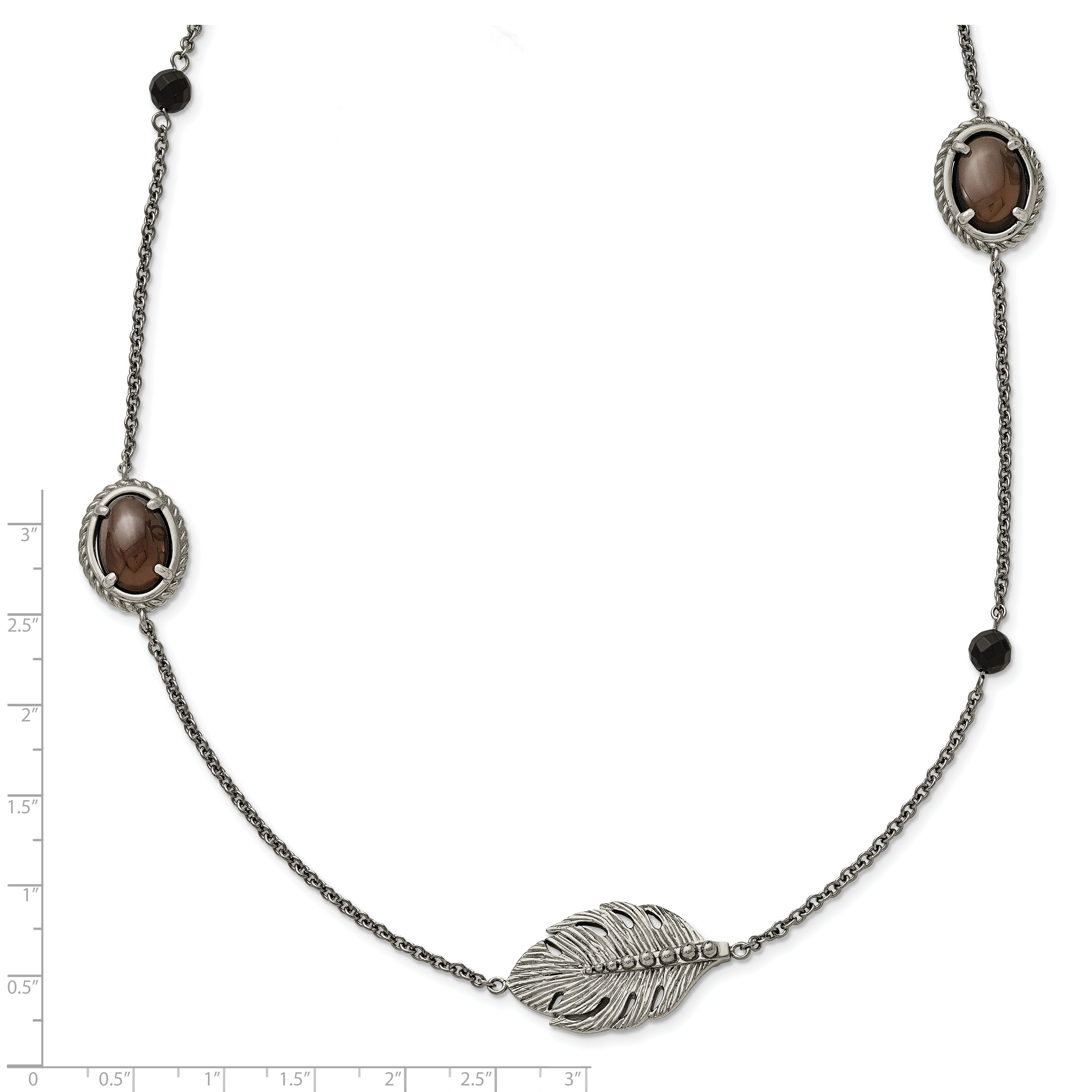 Stainless Steel Polished Leaf Smoky Quartz & Black Onyx w/2in ext Necklace