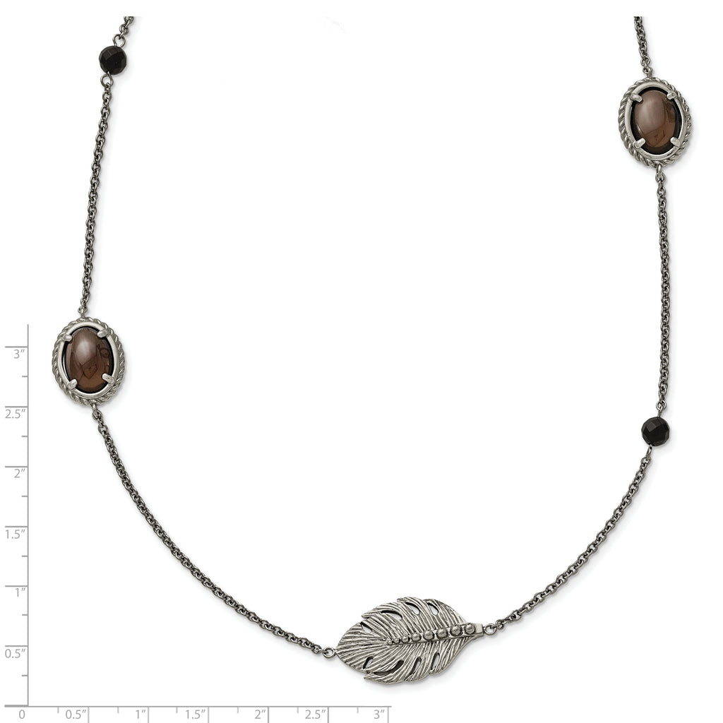 Leaf Smoky Quartz & Black Onyx Necklace in Stainless Steel