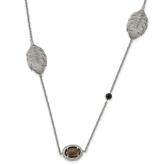 Stainless Steel Polished Leaf Smoky Quartz & Black Onyx w/2in ext Necklace