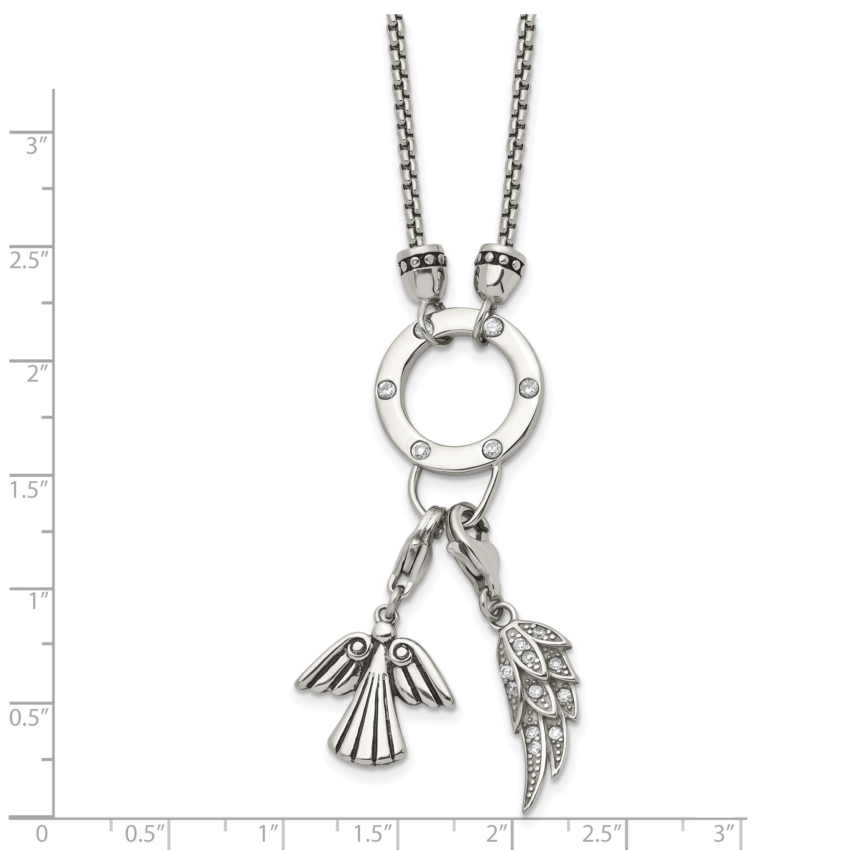 Feather & Angel CZ Pendant Necklace in Stainless Steel