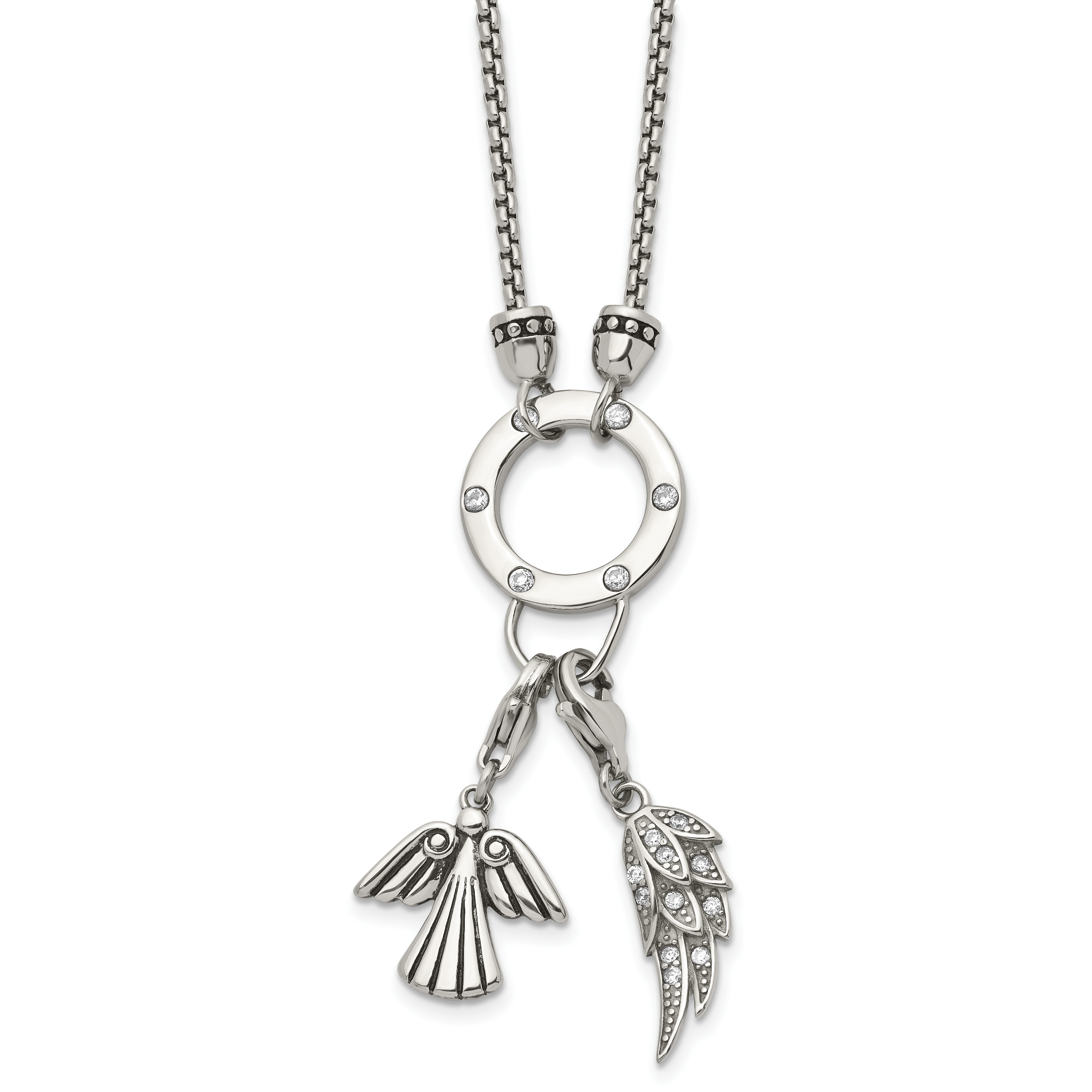 Stainless Steel Polished CZ Feather and Angel 17in w/ 2in ext Necklace Main image