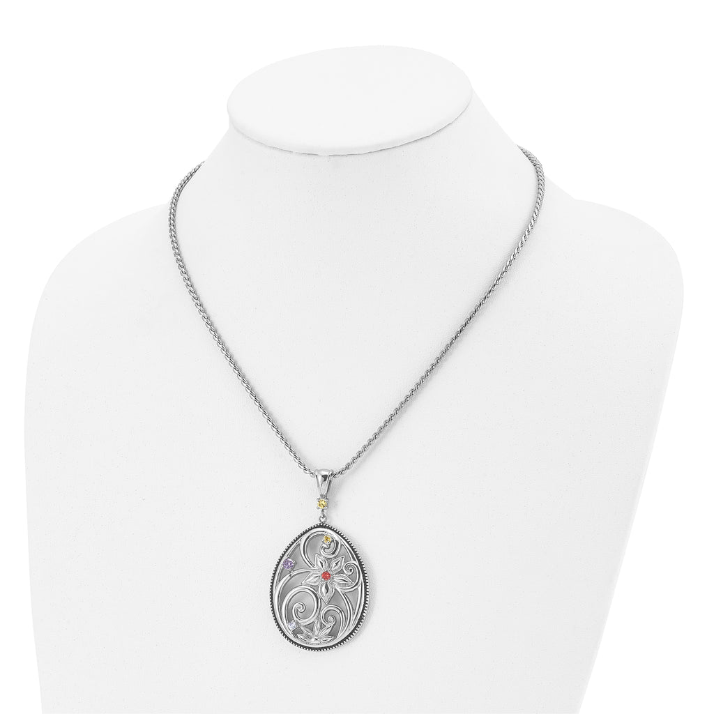 Stainless Steel Antiqued and Polished Multicolor CZ w/1.75in ext Necklace
