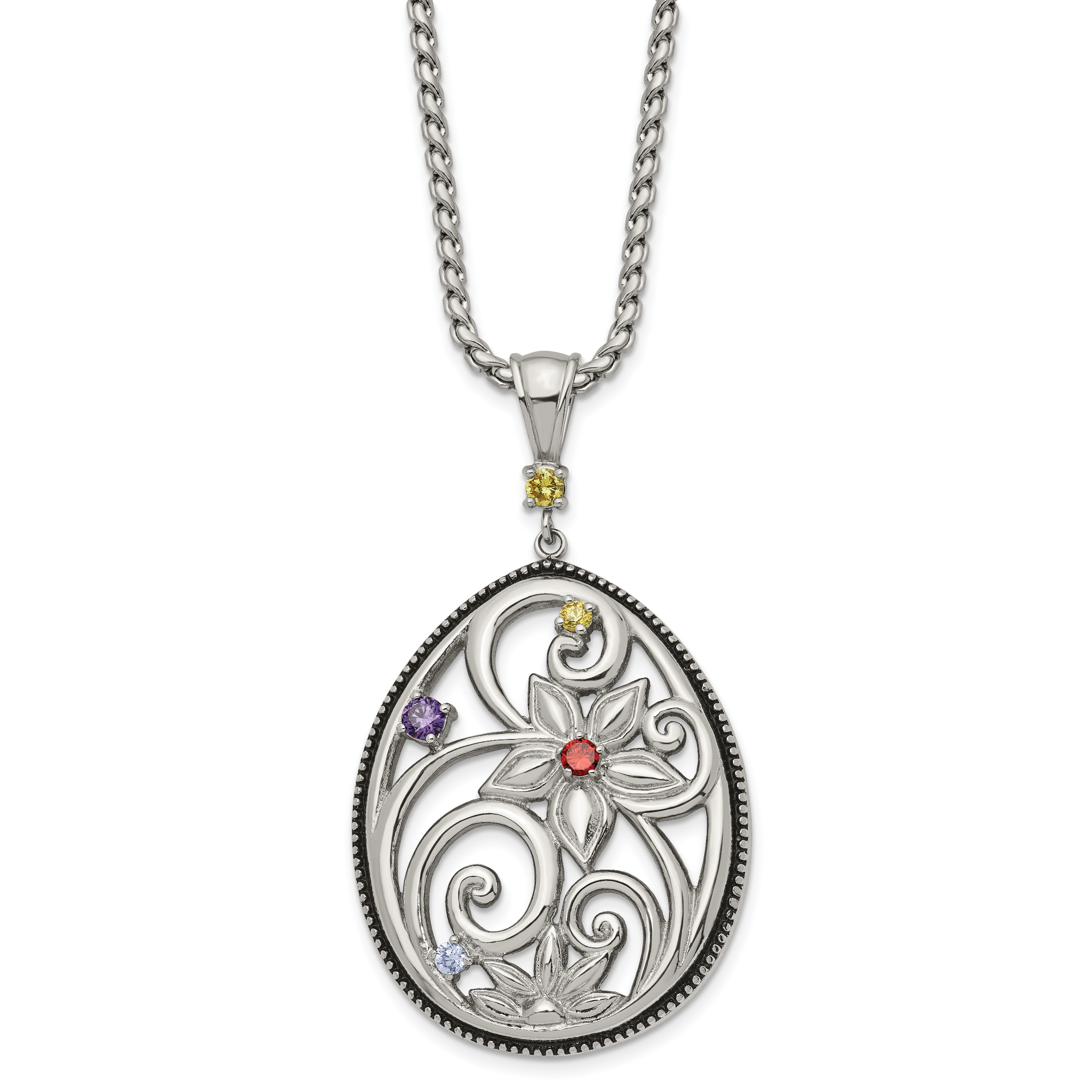 Stainless Steel Antiqued and Polished Multicolor CZ w/1.75in ext Necklace