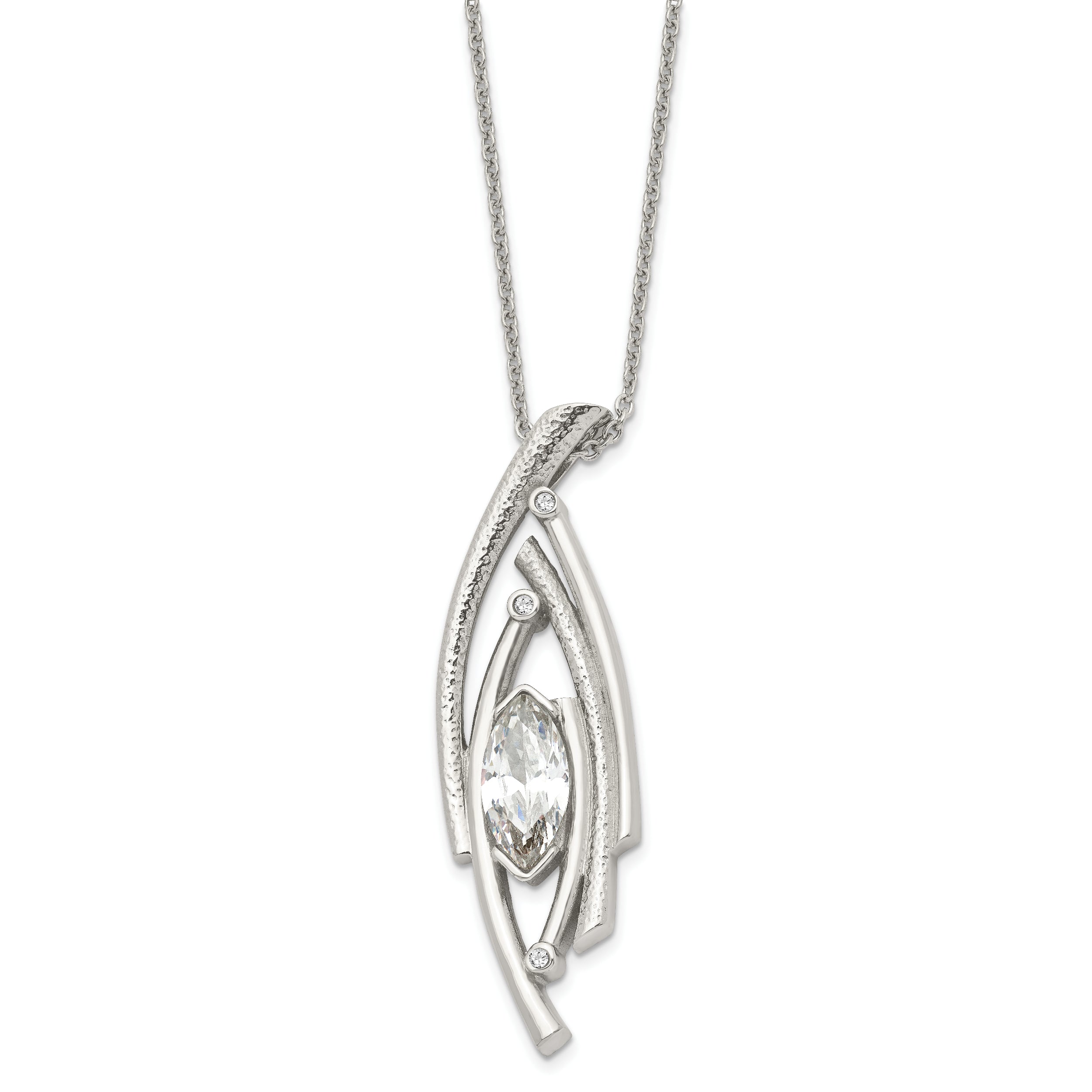 Stainless Steel Polished and Textured w/CZ 24in w/2in ext Necklace