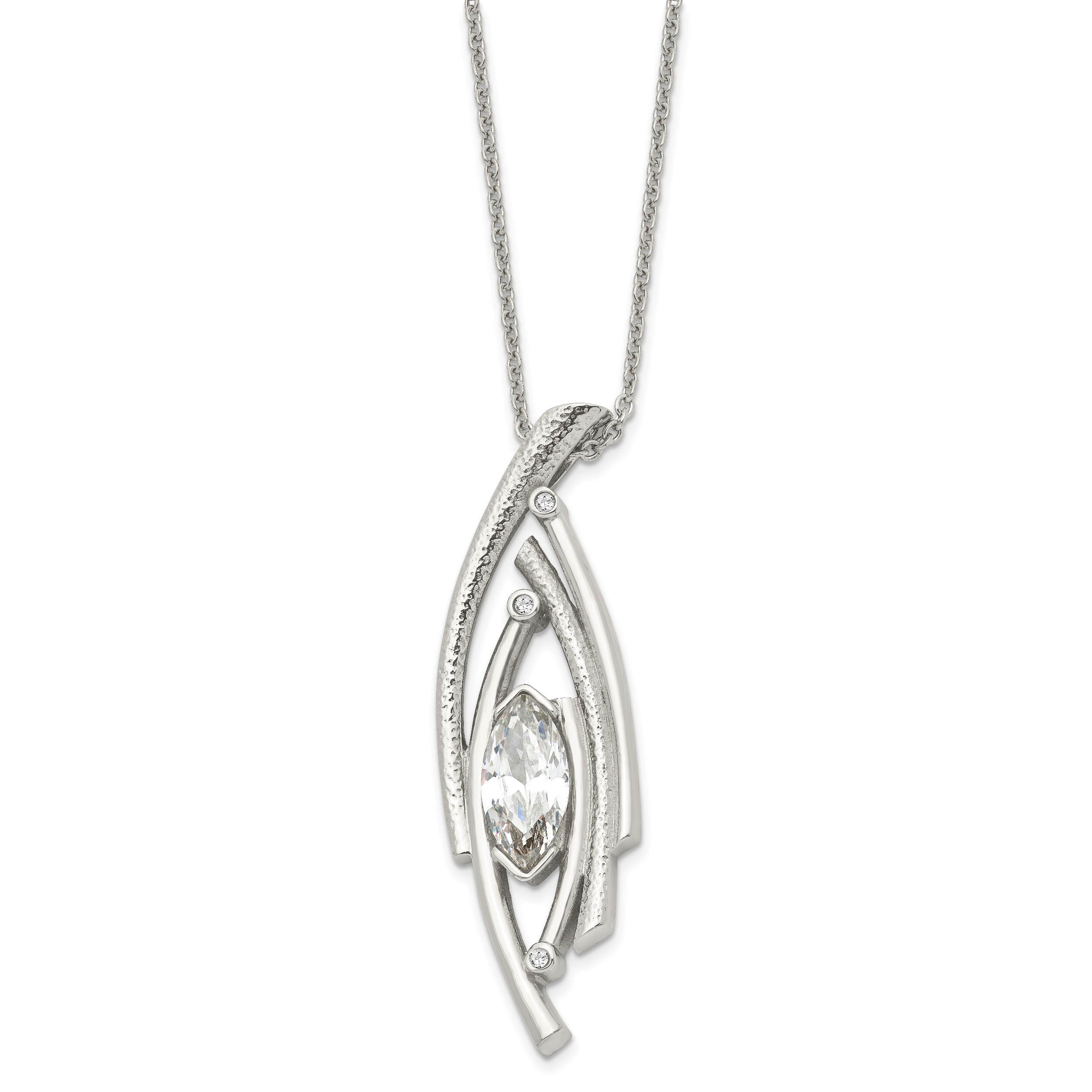 Stainless Steel Polished and Textured w/CZ 24in w/2in ext Necklace