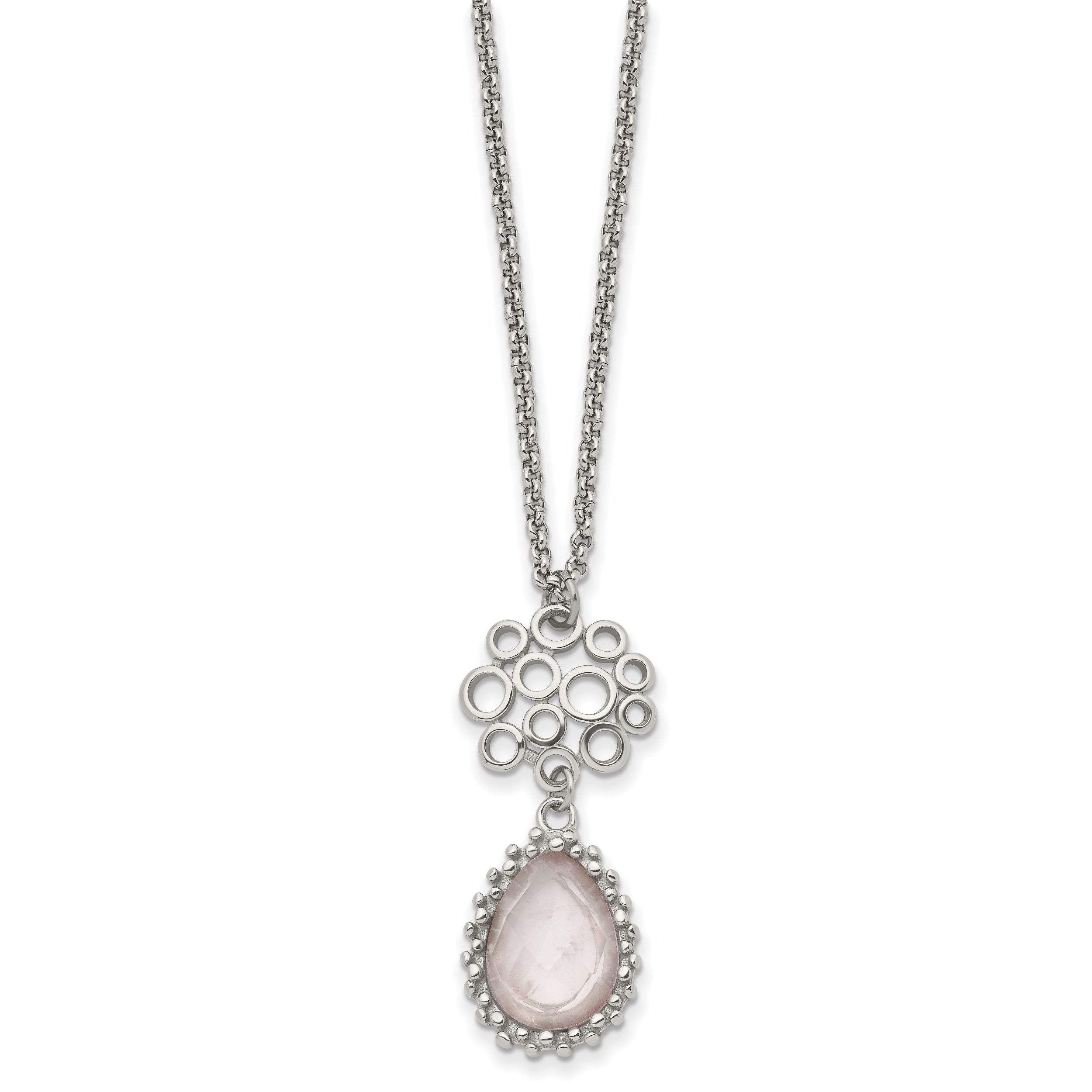 Stainless Steel Polished Rose Quartz 18in w/2in ext Necklace