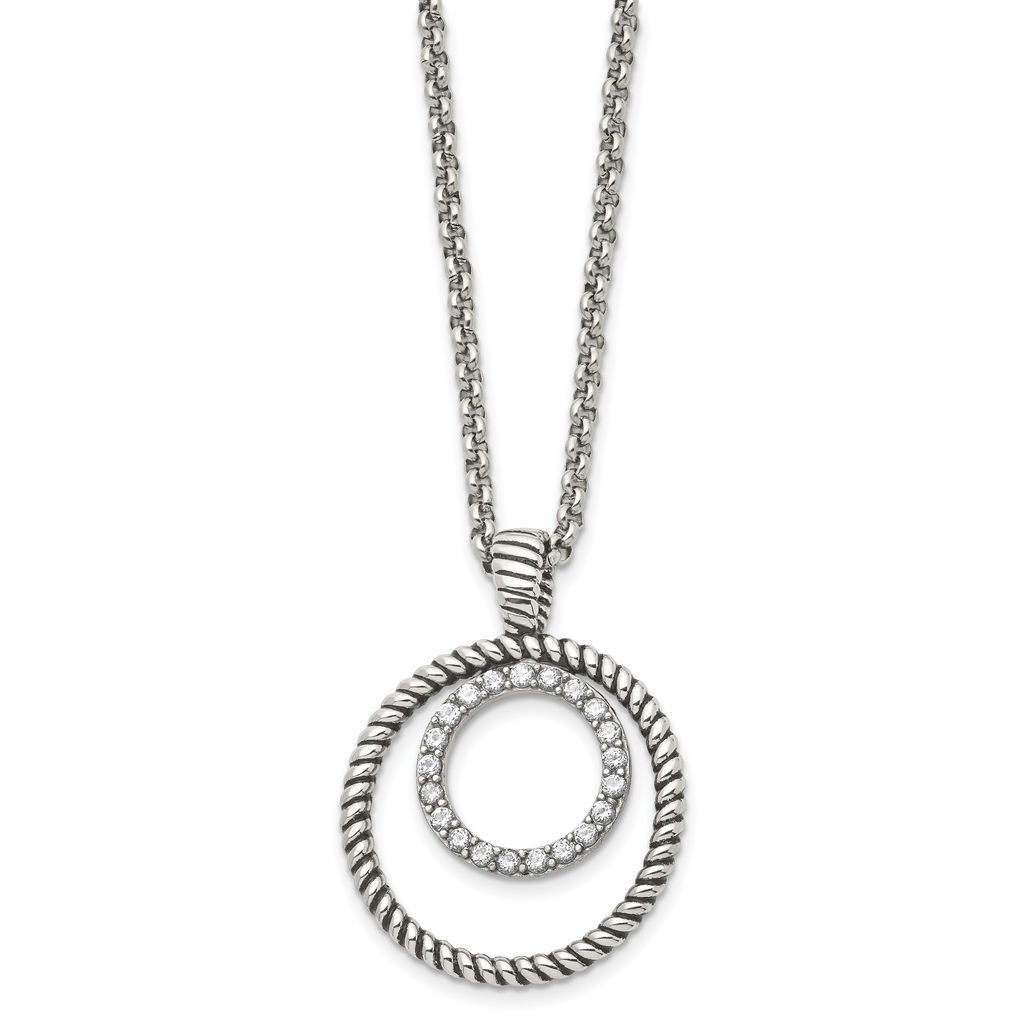 Antiqued CZ Circle Necklace in Stainless Steel