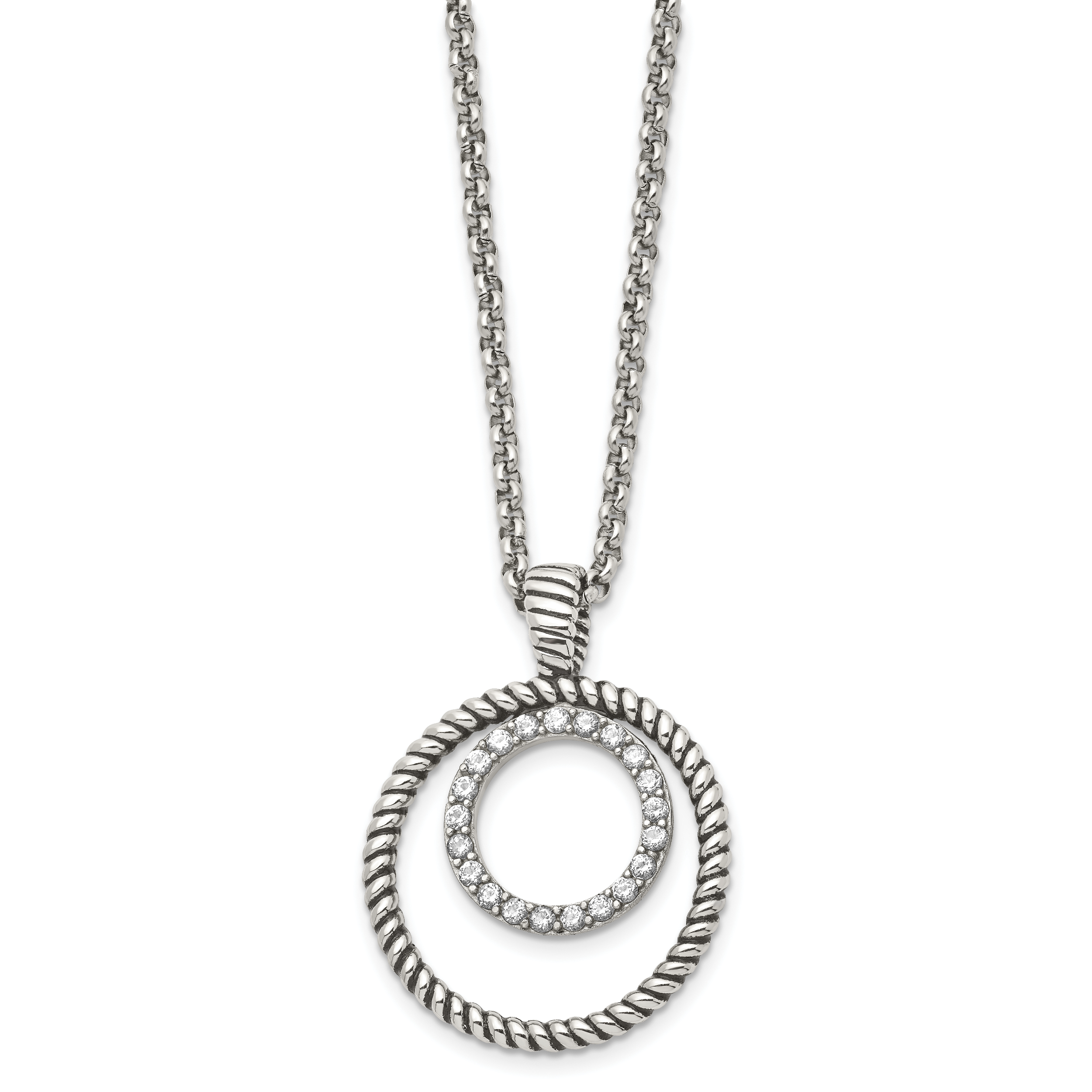 Antiqued CZ Circle Necklace in Stainless Steel