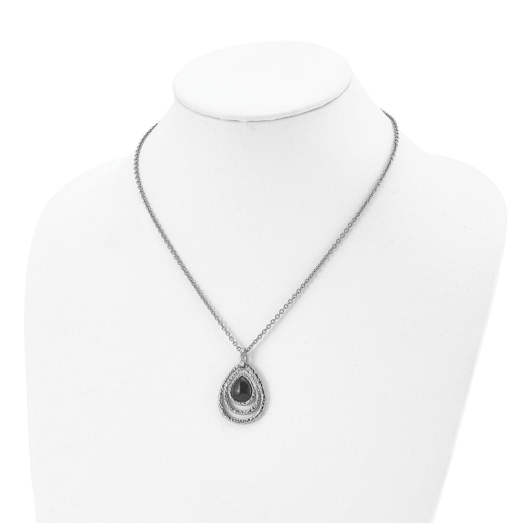 Chisel Stainless Steel Polished and Textured Black Onyx Pendant on an 18 inch Cable Chain with a 2 inch Extension Necklace