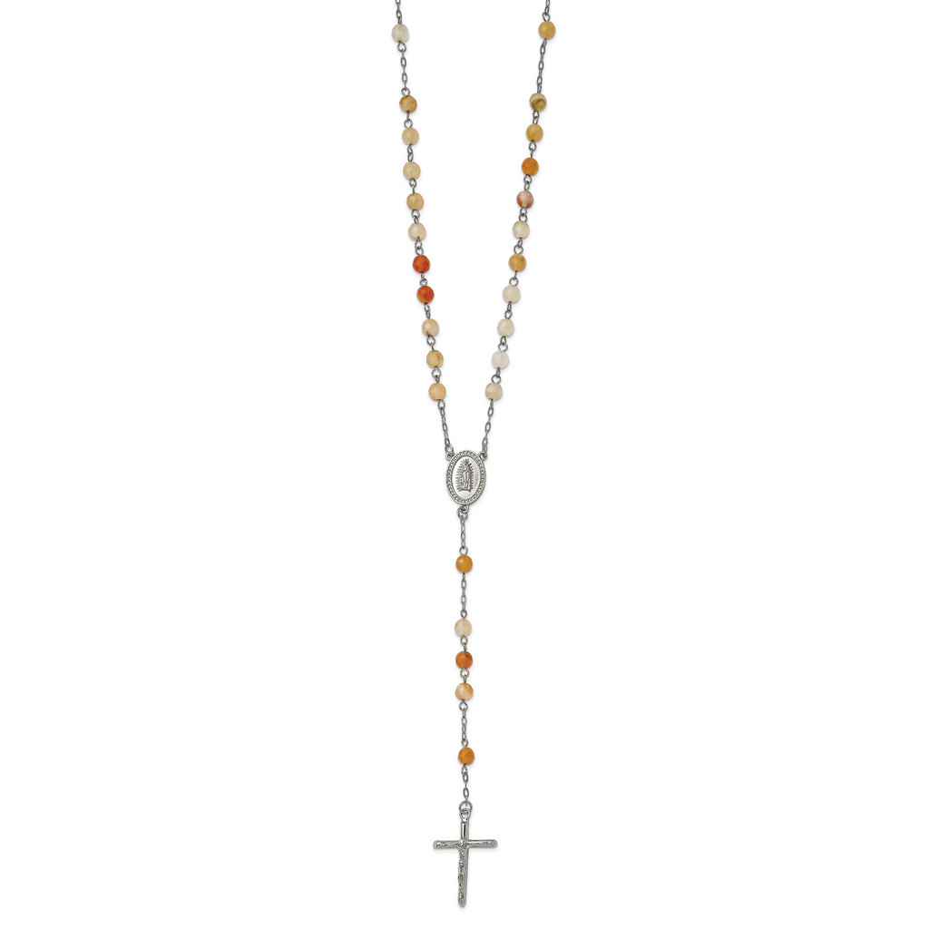 Agate Bead Rosary Necklace in Stainless Steel