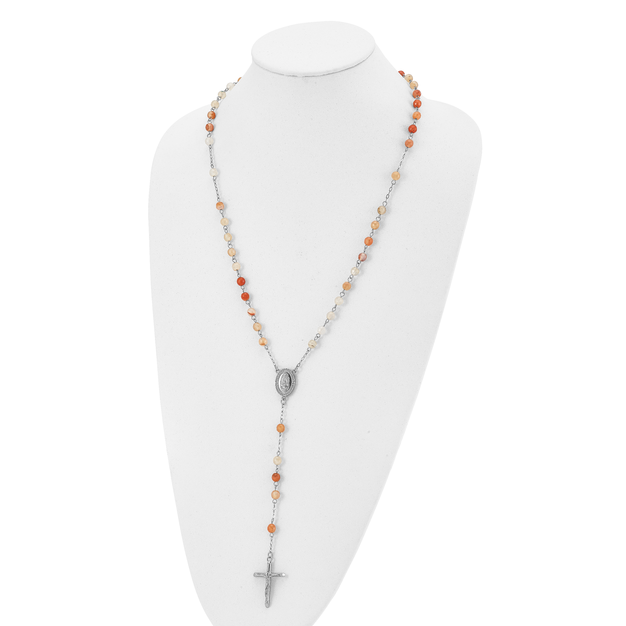 Agate Bead Rosary Necklace in Stainless Steel