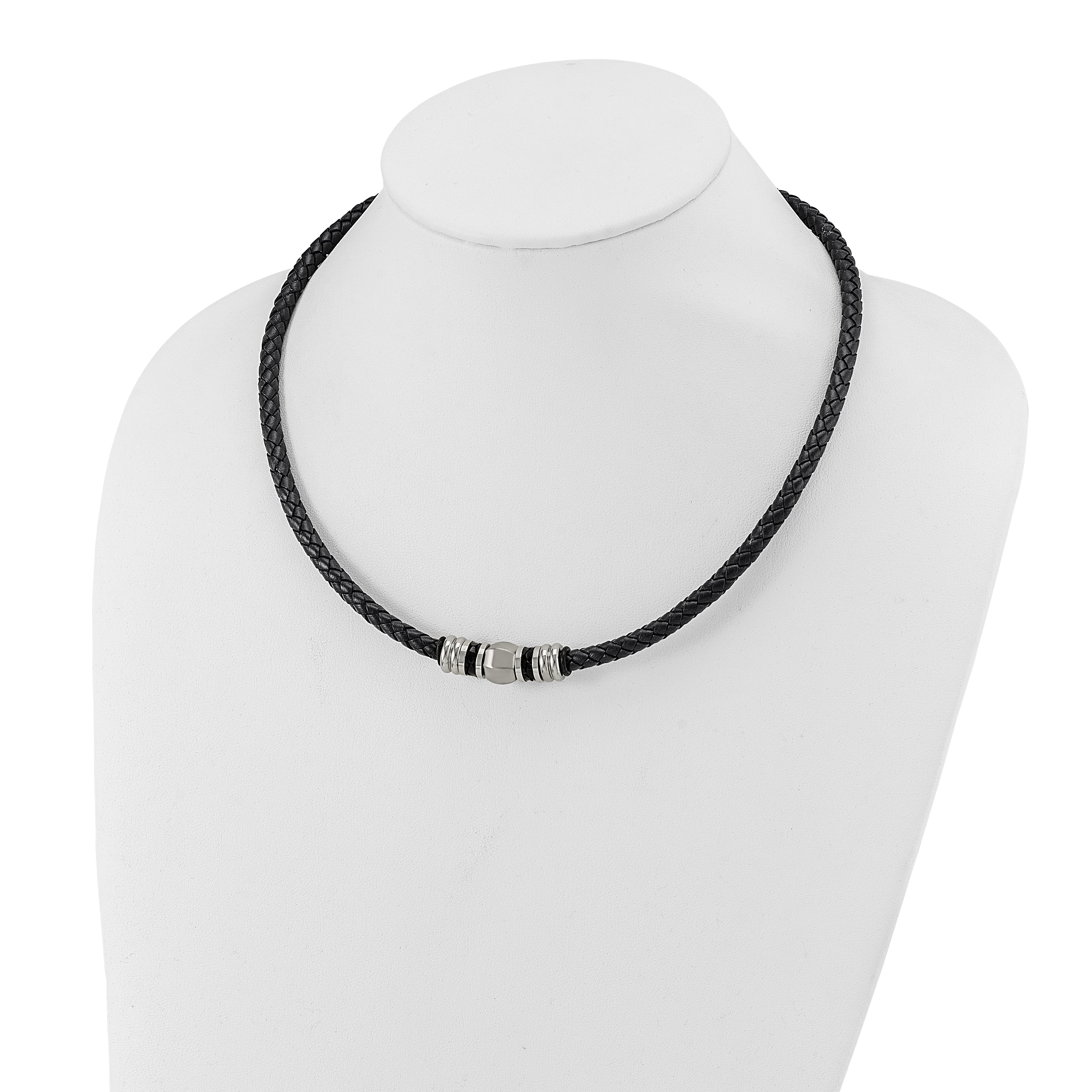 Chisel Stainless Steel Brushed and Polished Black Leather and Rubber 19 inch Necklace