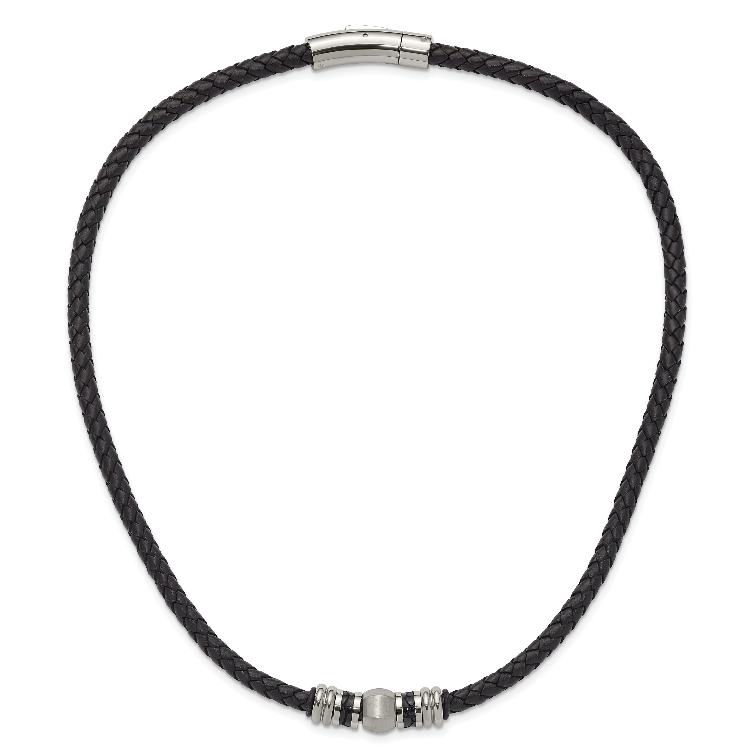 Chisel Stainless Steel Brushed and Polished Black Leather and Rubber 19 inch Necklace